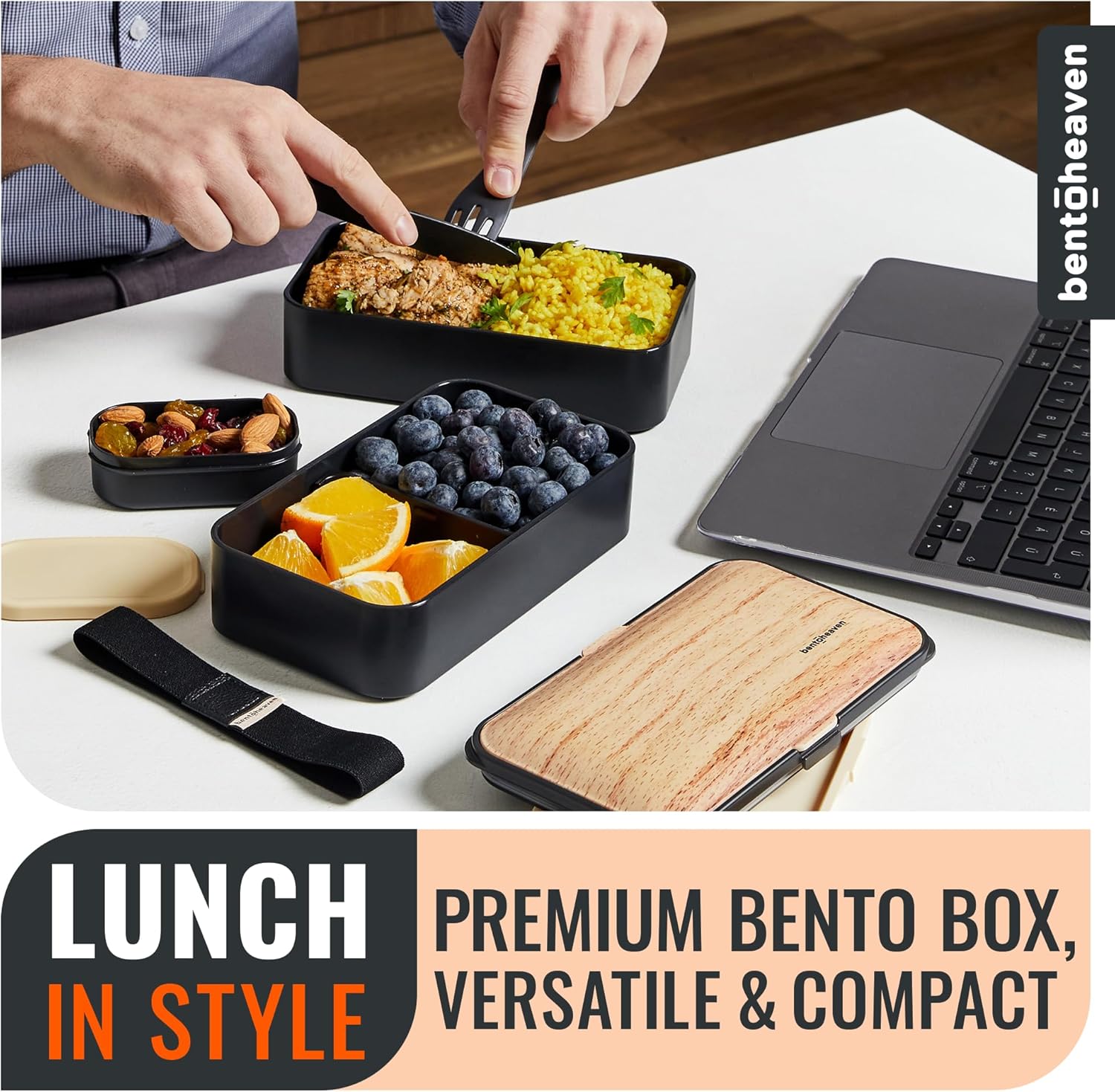 Thumbnail 1 de Bentoheaven Premium Bento Box Adult Lunch Box (Microwavable, Compartments, Utensils & Dip Container) — Symph Onyx