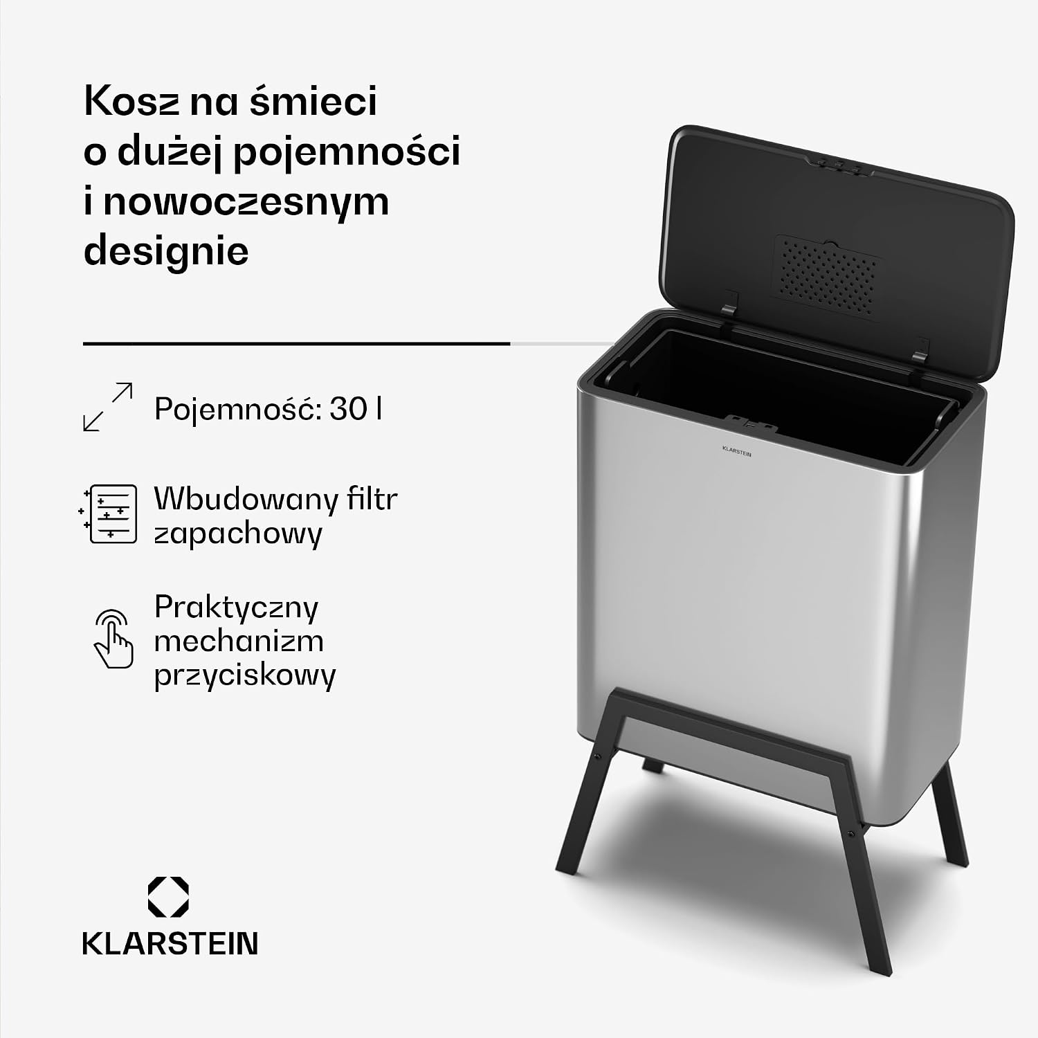 Detalle de Klarstein Yuma 30L Stainless Steel Kitchen Bin with Odour Filter