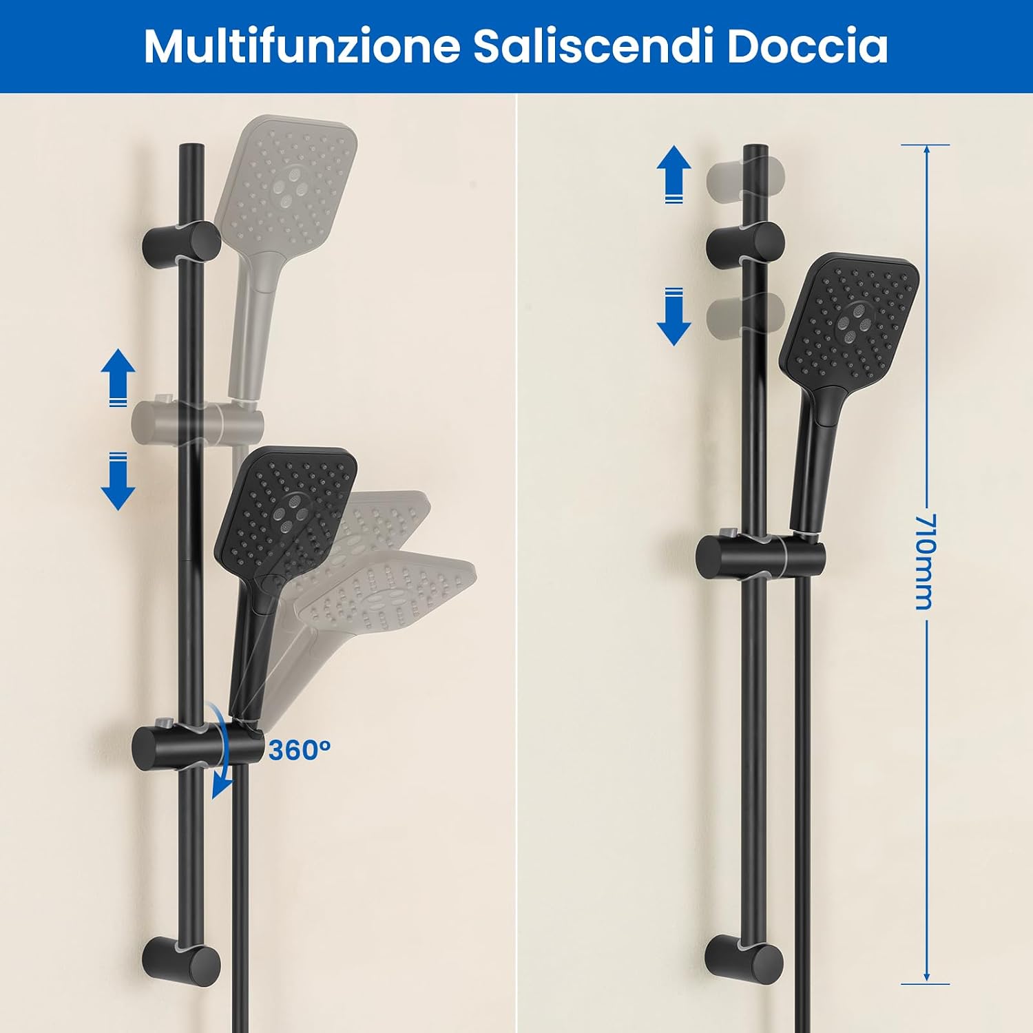 Detalle de Auralum Saliscendi Doccia in Acciaio Inox 70 cm con Soffione Multifunzione e Tubo 150 cm