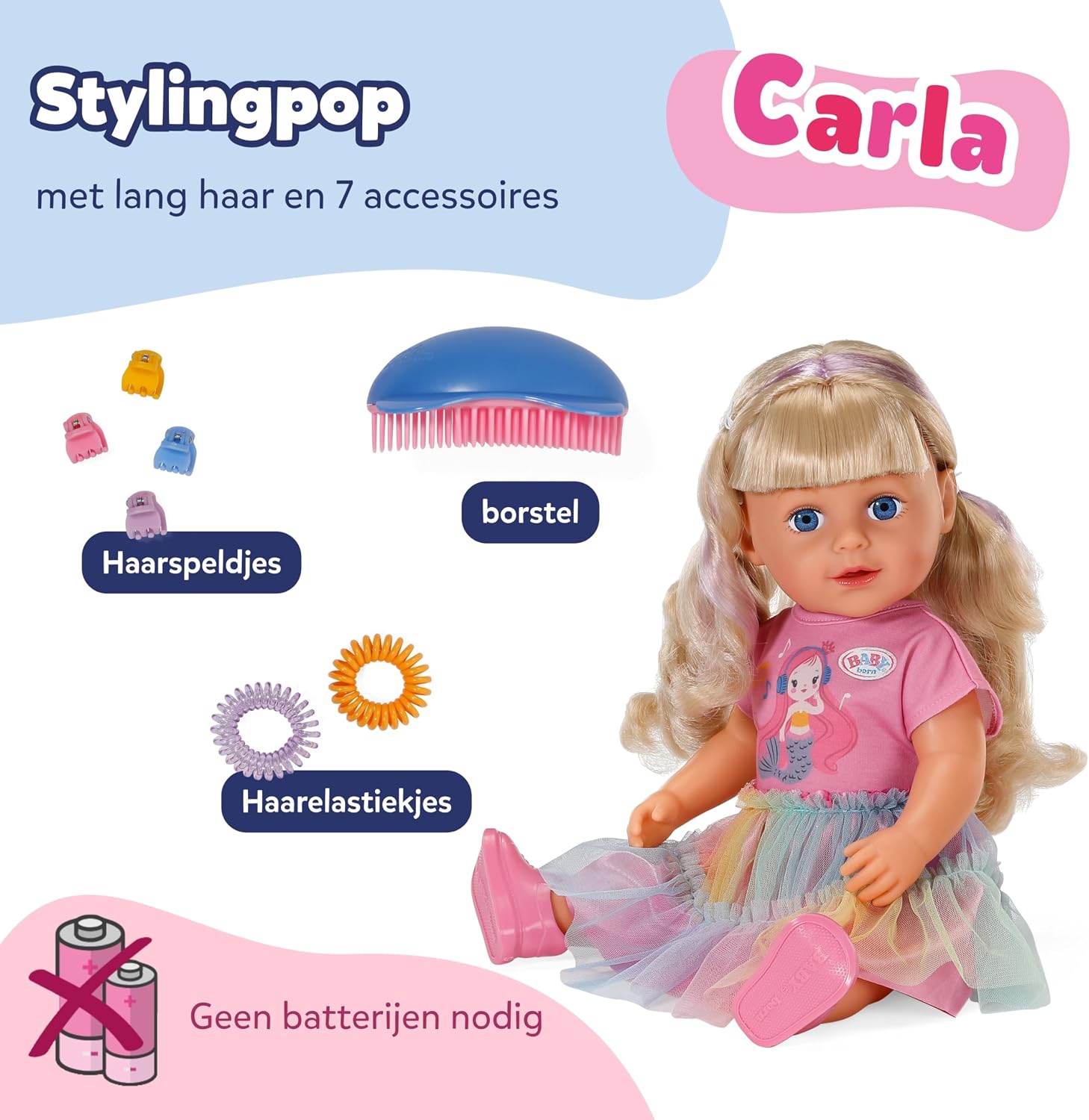 Detalle de BABY born Carla 43 cm stylingpop met lang blond haar en 7 accessoires