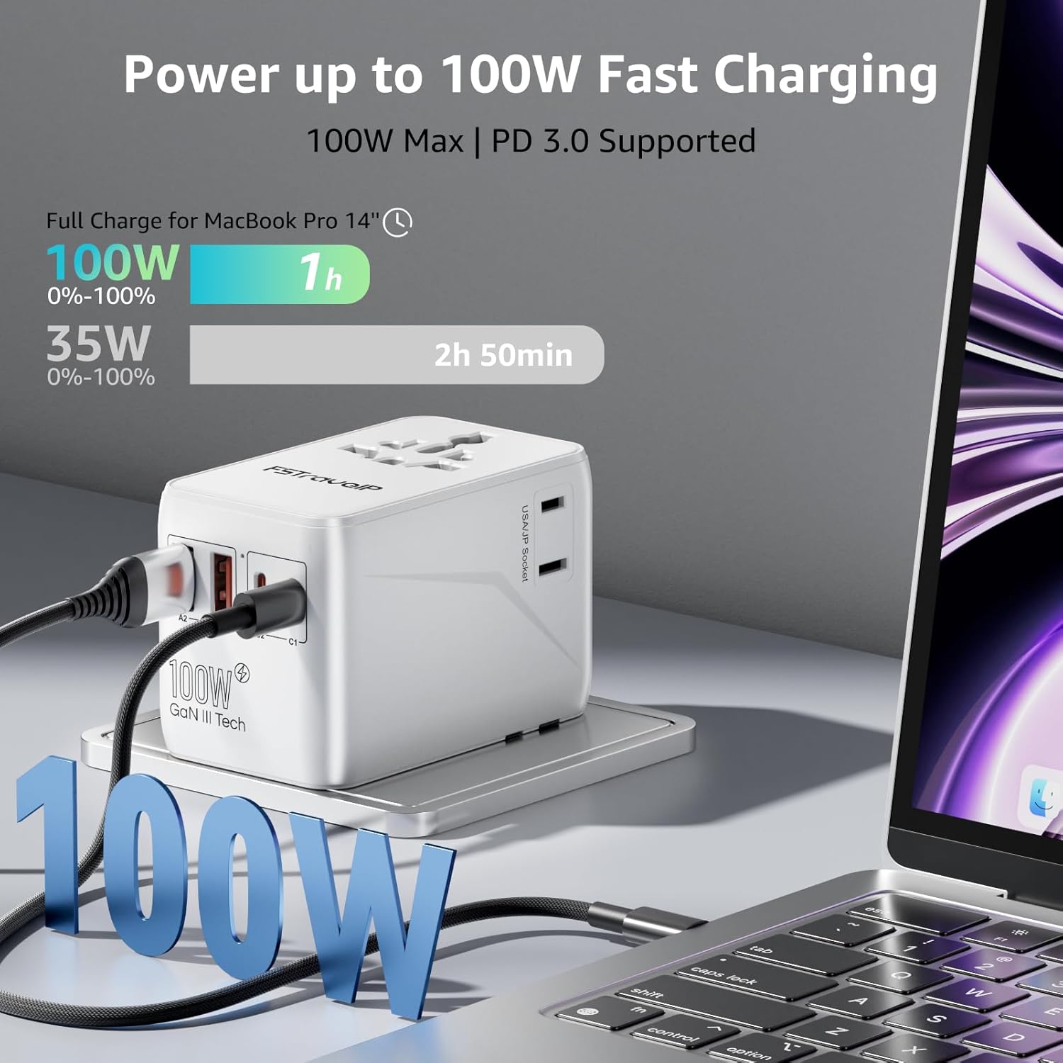 Thumbnail 1 de PD100W Universal Travel Adapter – Worldwide travel plug with 2 USB-C PD (up to 100W) and QC USB-A (18W)