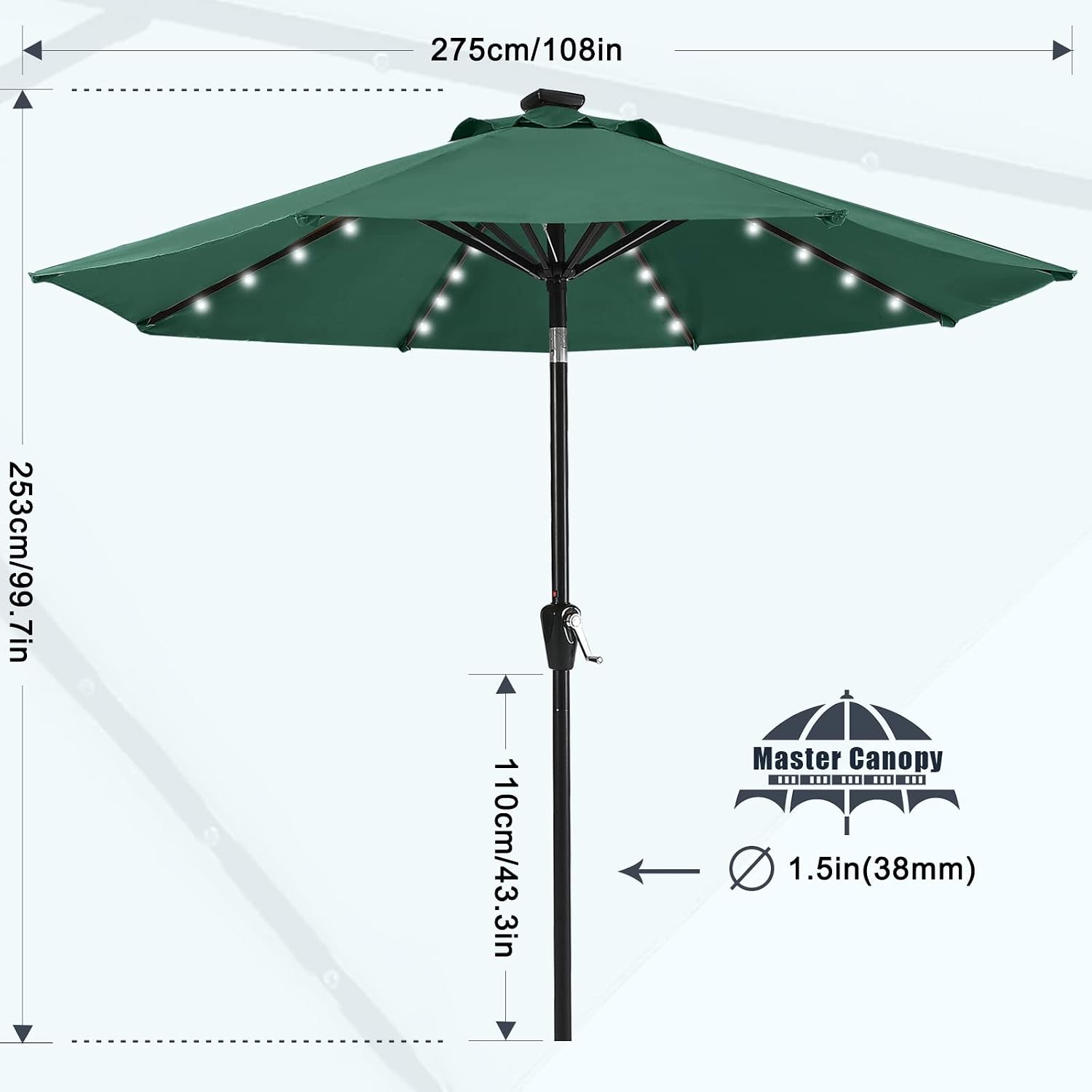 Thumbnail 1 de MASTERCANOPY 32-LED Solar Patio Umbrella with 8 Fe-Ribs, 2.7m - Forest Green