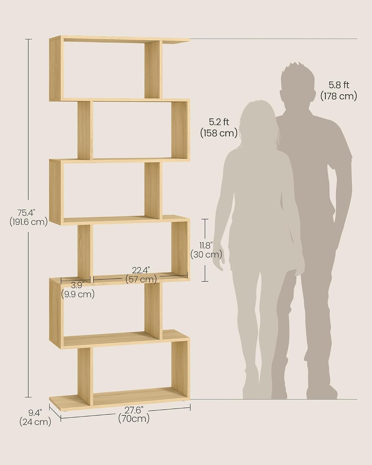 Detalle de VASAGLE LBC061T70 6-Tier S-Shaped Bookcase, Natural Oak