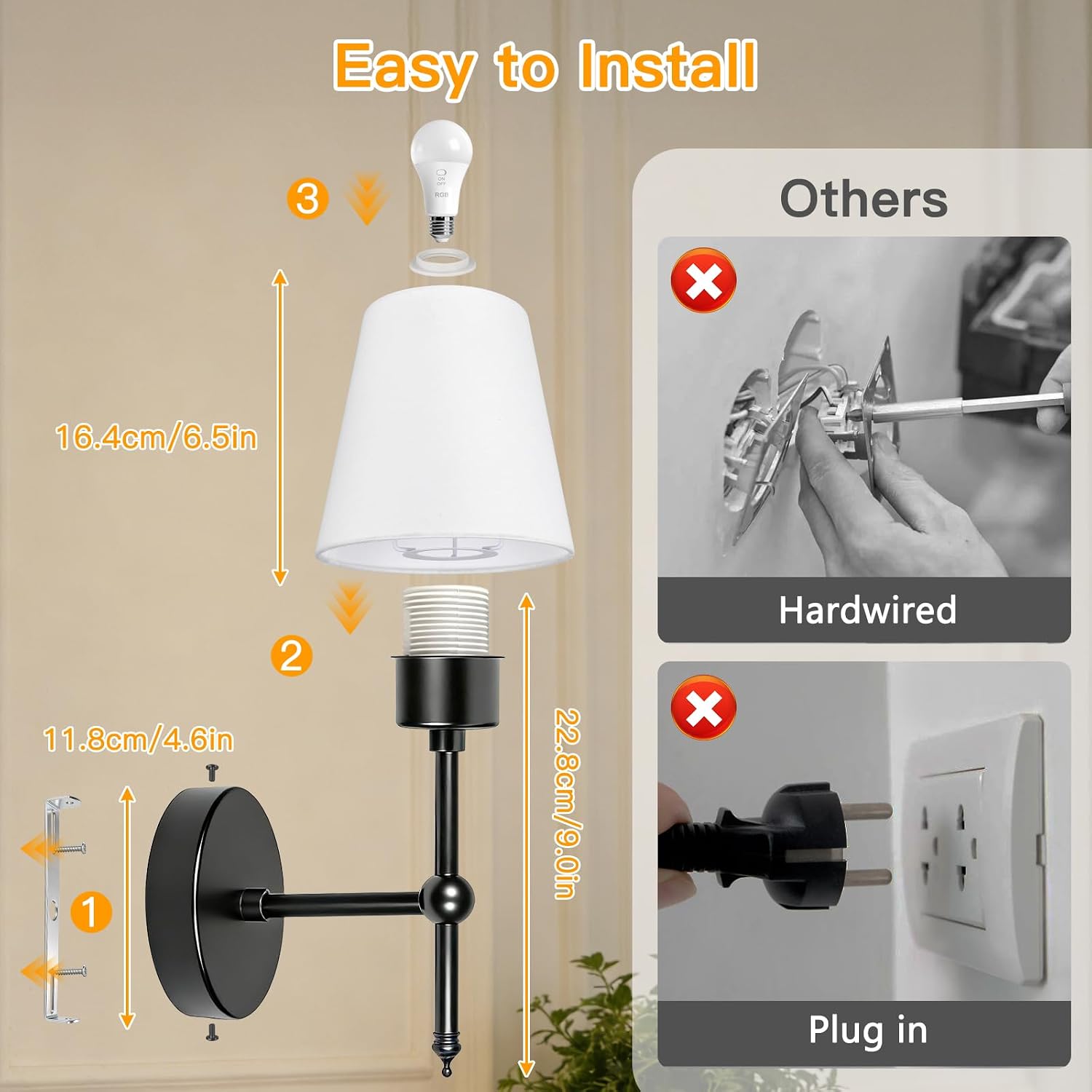Thumbnail 6 de Dehobo Battery Operated Wall Lights Set of 2 with Remote, RGB & 3CCT — Black Fabric Shade