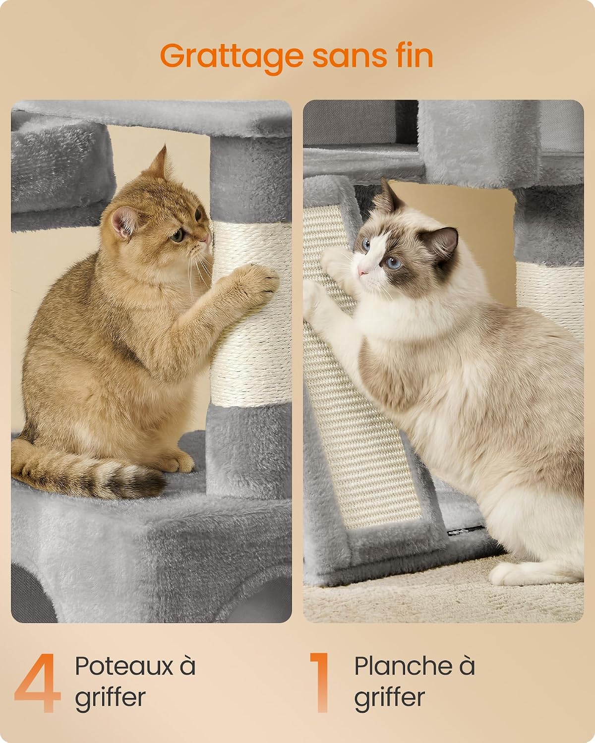 Detalle de Feandrea Arbre à Chat PCT012GD01 : tour intérieure avec 3 plateformes, niche et poteaux à griffer