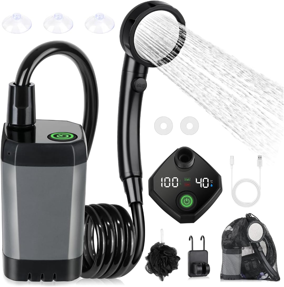 Spopal Portable Shower for Camping (6000mAh) Rechargeable Pump with LED Display and 4 Spray Modes