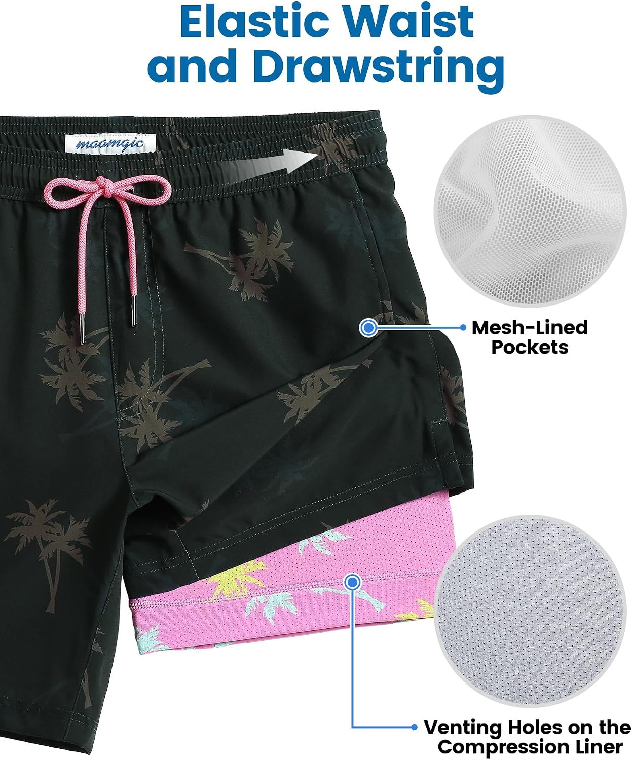 Detalle 2 de maamgic Mens Swim Trunks with Compression Liner (7-Inch Inseam) Quick-Dry Bathing Suit