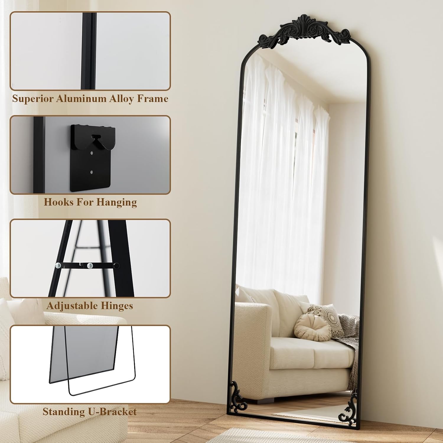 Detalle 2 de HARRITPURE Vintage Arched Full-Length Mirror, 64" x 21", Black Aluminum Frame