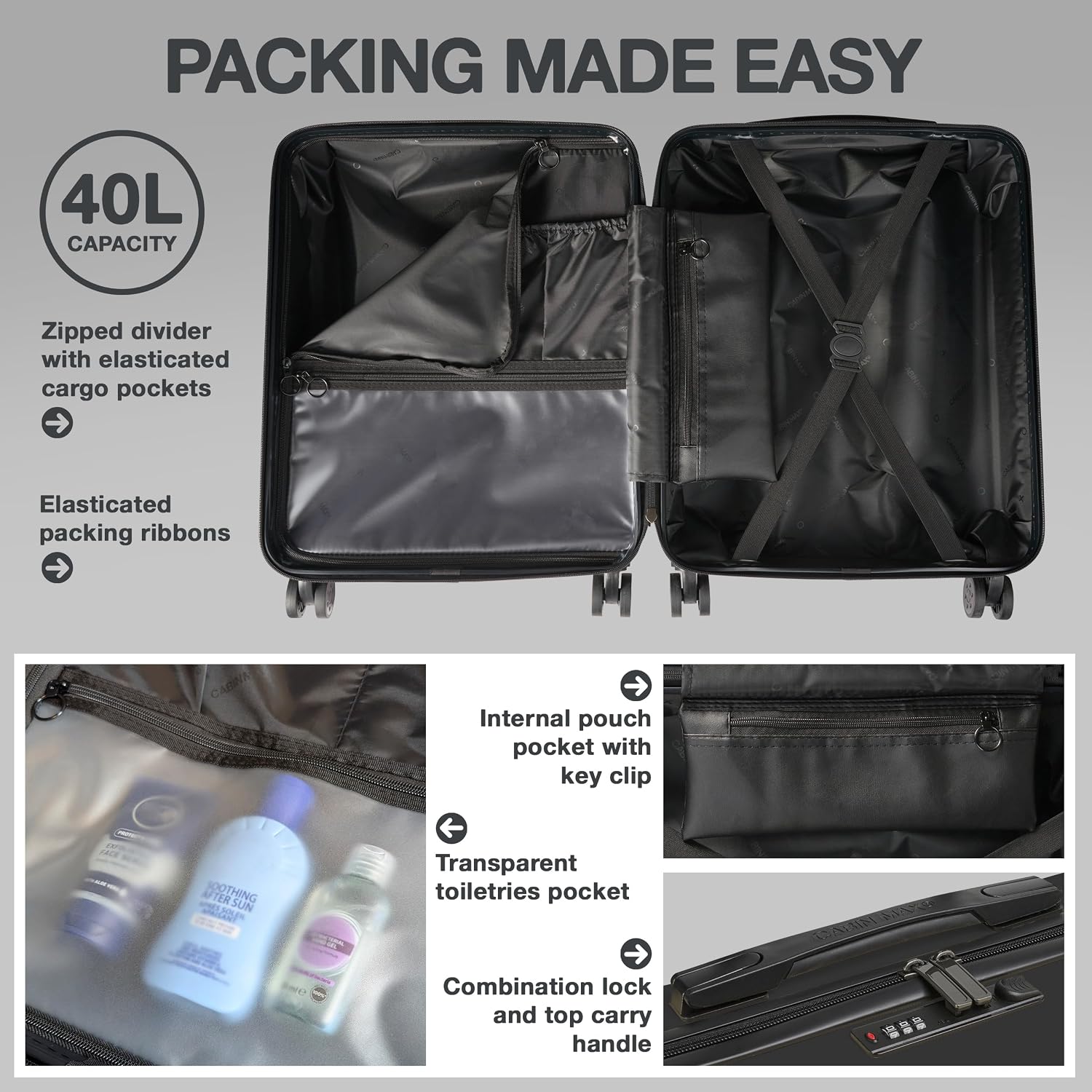 Detalle de Cabin Max Anode 55x40x20 Cabin Suitcase – 40L, Built-in Lock, 8-Wheel Lightweight Carry-On
