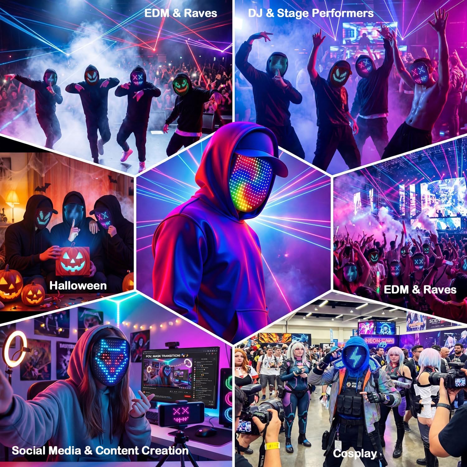 Thumbnail 5 de MEGOO LED Mask with Gesture Sensing (50 Pattern Display) — Light-Up Transforming Face Mask