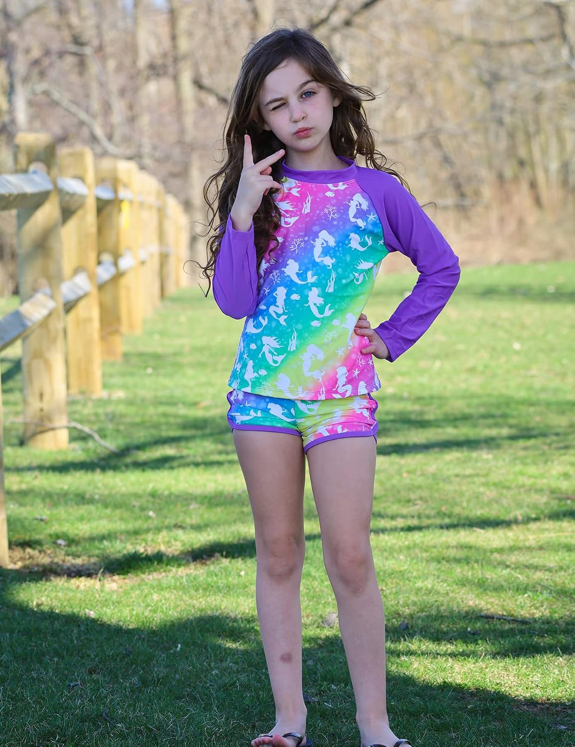 Detalle de TUONROAD Girls 2-Piece Rash Guard Swimsuit (Long Sleeve Tankini) for Ages 4–10