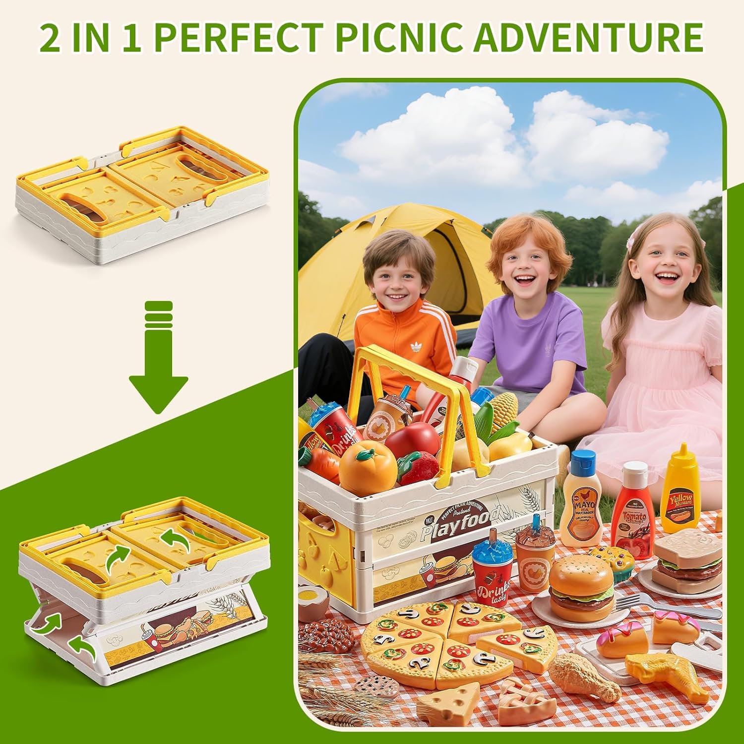 Thumbnail 1 de Play Food Sets for Kids Kitchen: 83-Piece Wheat Straw Pretend Play Food with Picnic Basket and Blanket
