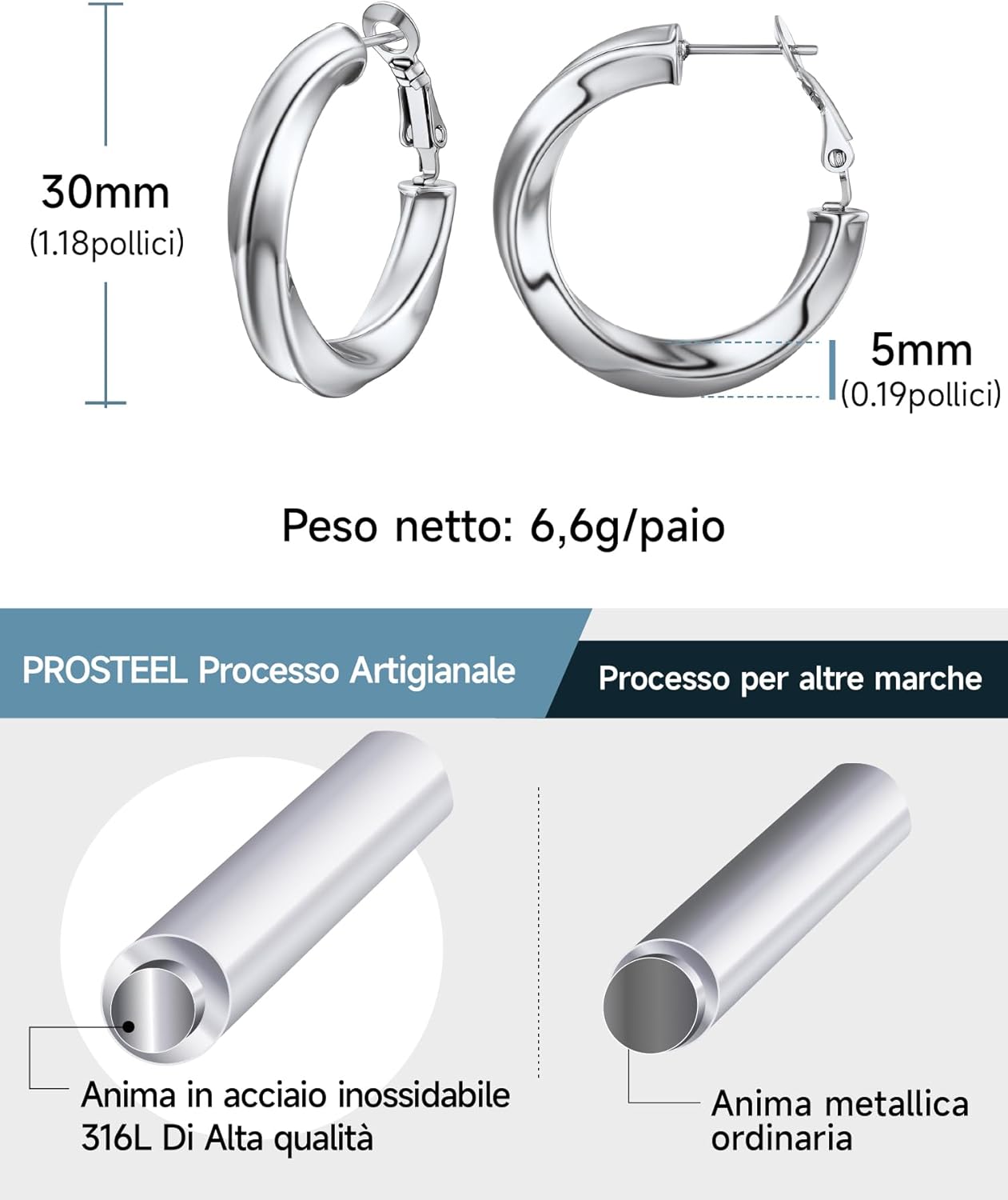 Thumbnail 6 de Orecchini a cerchio vuoti PROSTEEL in acciaio inox 316L (30/40/60/80 mm) oversize Y2K