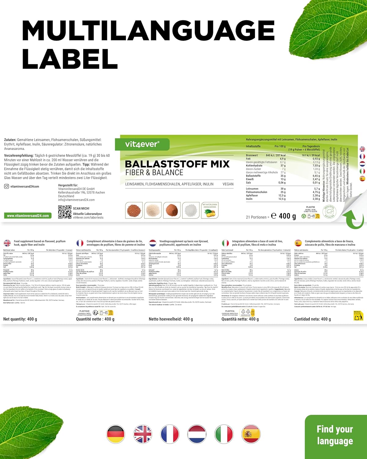 Thumbnail 6 de vit4ever Ballaststoffe Kombi (400 g) – Ballaststoffpulver mit Flohsamenschalen, Inulin & natürlichem Ananasaroma
