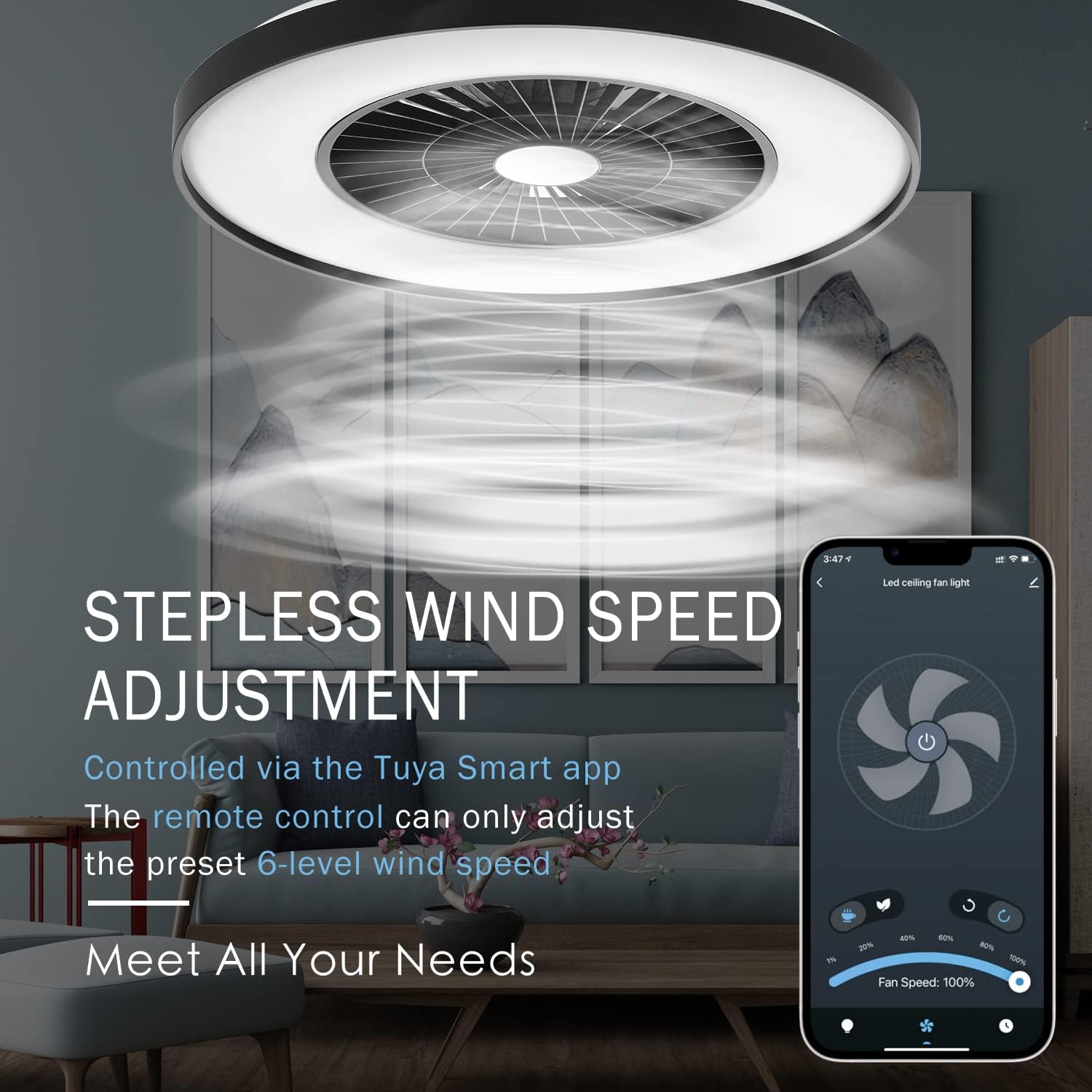 Detalle de BKZO Smart LED Ceiling Light with Fan: Modern, Quiet, and Voice‑Controlled