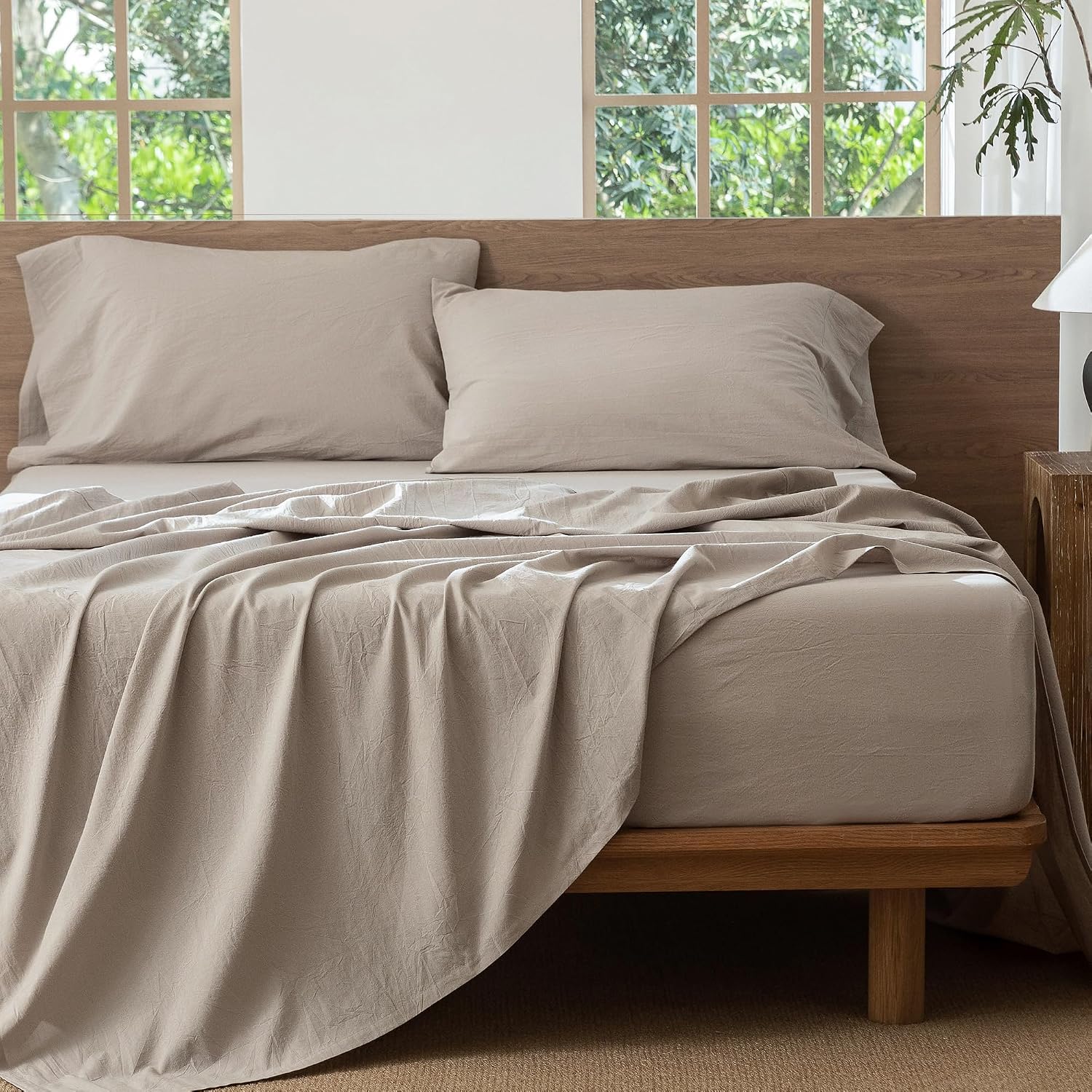 Detalle de MOOMEE MooMee 100% Washed Cotton Sheet Set (Queen, Heathered Cream Grey)