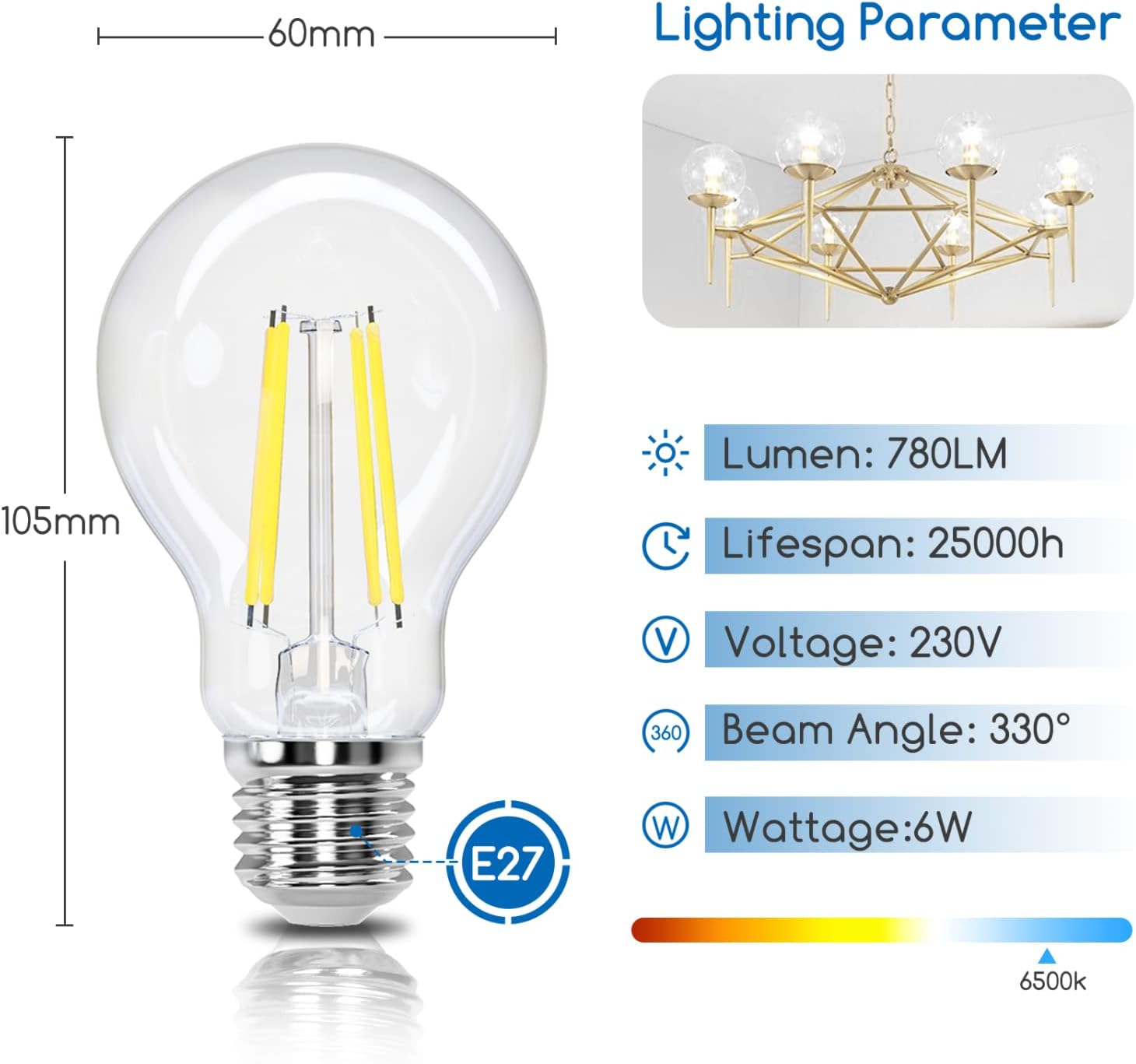 Detalle de Aigostar Bombilla LED E27 Edison 6W 780 lm