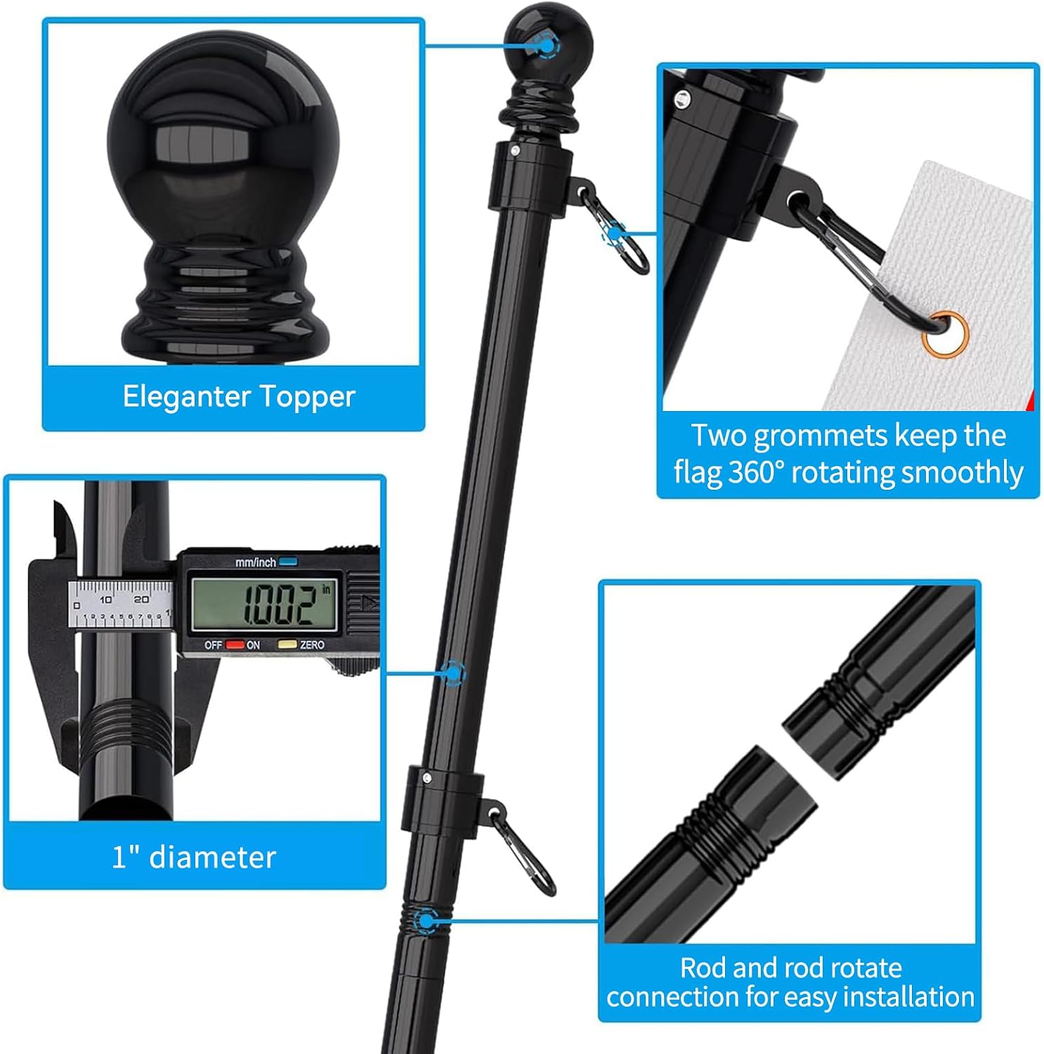 Thumbnail 6 de ZMTECH ZM-FP-B/6/1 6 ft Stainless Steel Flag Pole Kit, Black, Adjustable