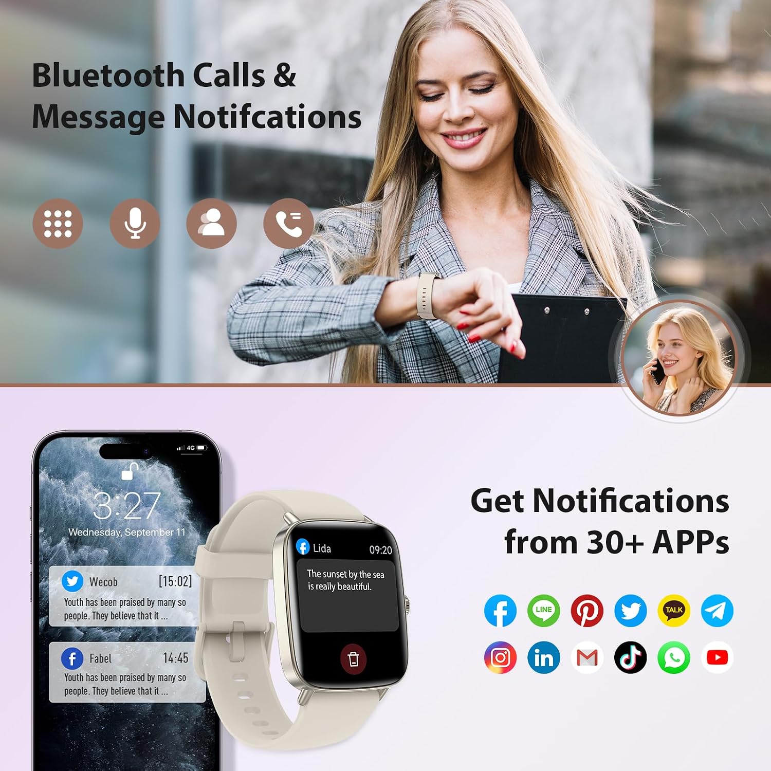 Detalle de Yoever Smart Watch for Women (Answer/Make Calls) with 1.85" HD Screen, Bluetooth 5.3 & IP68