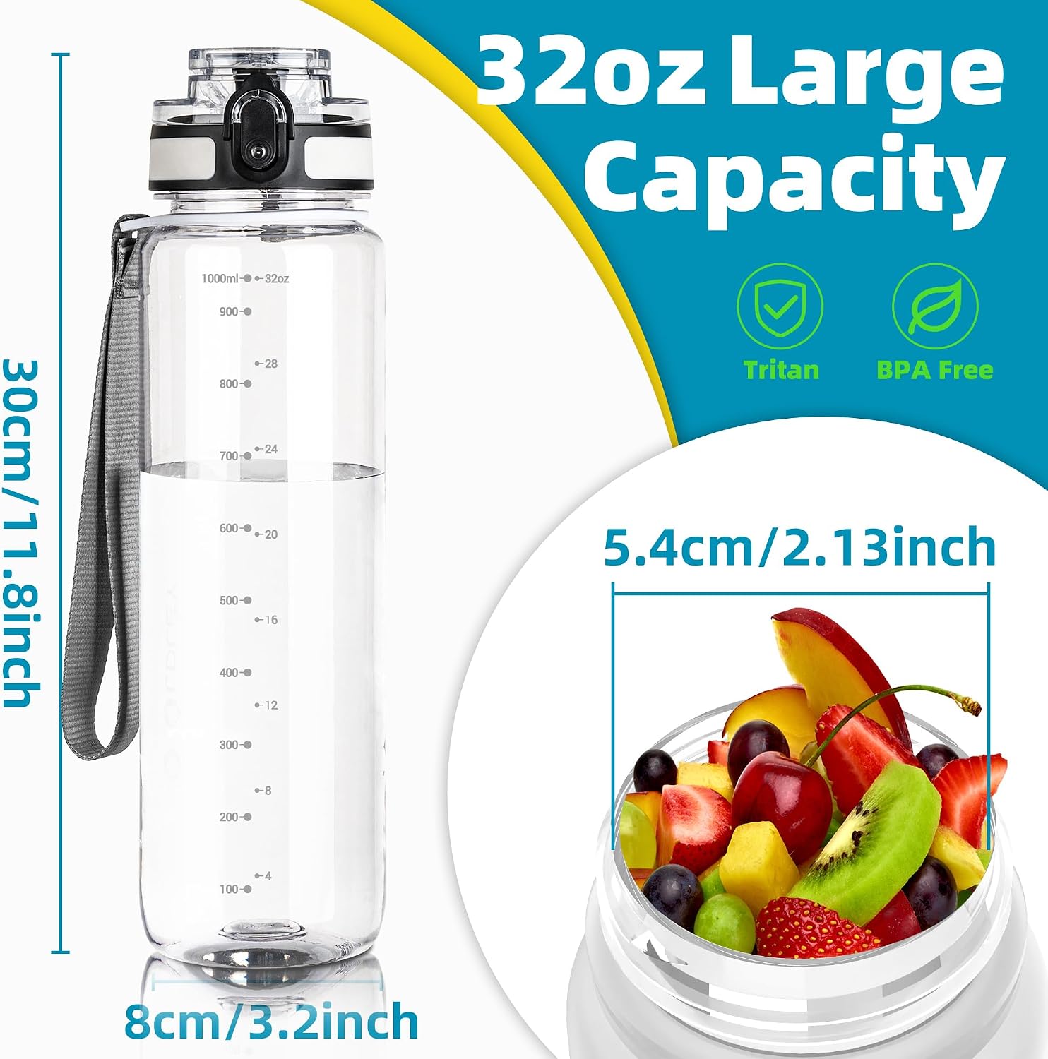 Detalle de OLDLEY 32 oz Motivational Water Bottle with Time Marker and Chug Lid (Tritan, BPA Free, Leakproof)