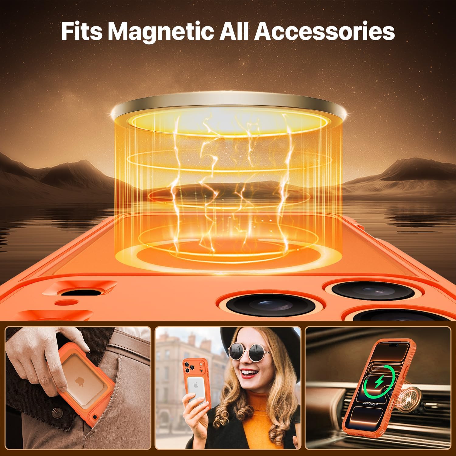 Thumbnail 3 de CENHUFO MagSafe case for iPhone 17 Pro Max with built-in 9H glass screen protector – Orange