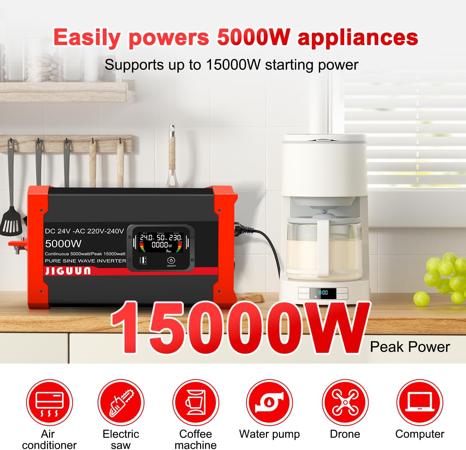 Thumbnail 4 de JIGUUN 5000W Convertisseur 24V 220V pur sinus