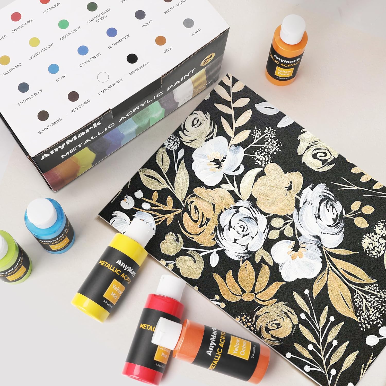 Thumbnail 6 de AnyMark Peinture acrylique métallique brillante – ensemble 24 couleurs avec 10 pinceaux (flacons 60 ml)