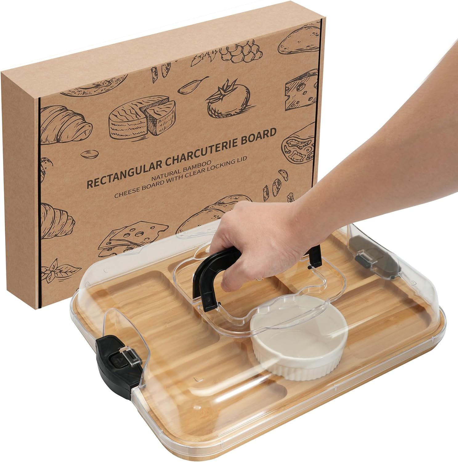 Detalle de WILLKOMMEN Rectangular Bamboo Charcuterie Board with Locking Lid, 6 Sections