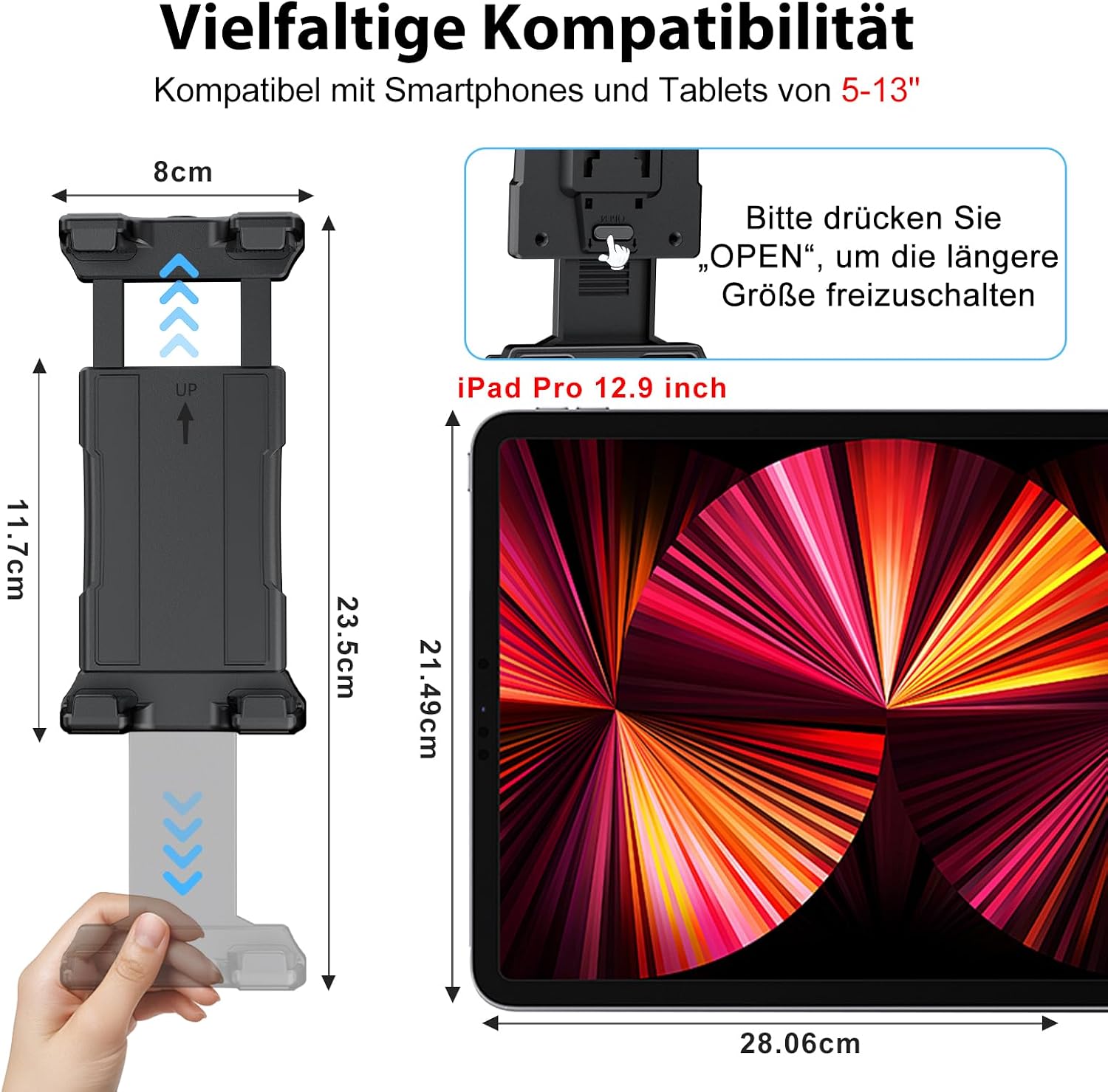 Thumbnail 2 de OHLPRO Tablet-Wandhalterung mit 360° Drehung und erweiterbarem Clip (für 4,7–13" Geräte)