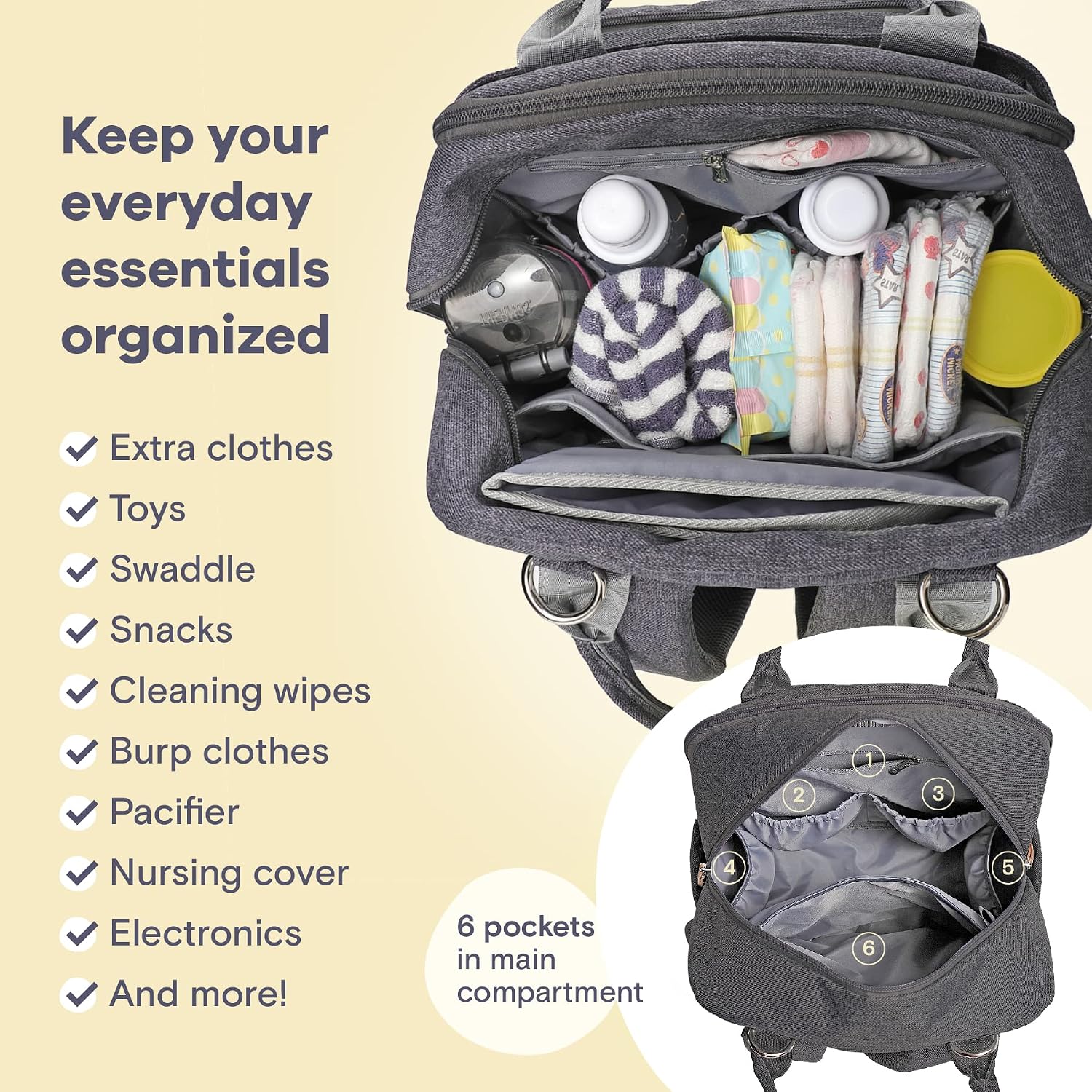 Detalle de RUVALINO Diaper Backpack Large nappy bag with changing mat, insulated bottle pockets and laptop sleeve