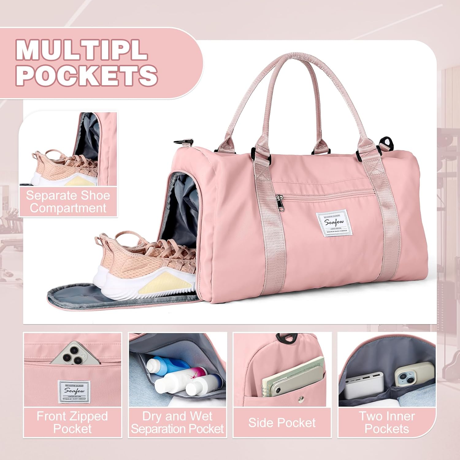 Thumbnail 2 de WEPLAN Sport-Duffel Bag – wasserdichte Reisetasche mit Schuhfach und Nassfach, A2-Rosa