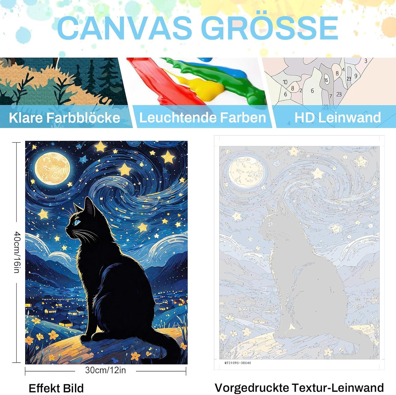 Detalle 2 de Luckyarina Malen Nach Zahlen Set für Kinder ab 5–10 Jahren – Schwarze Katze (30x40 cm) inkl. Leinwand, Farben und Pinsel