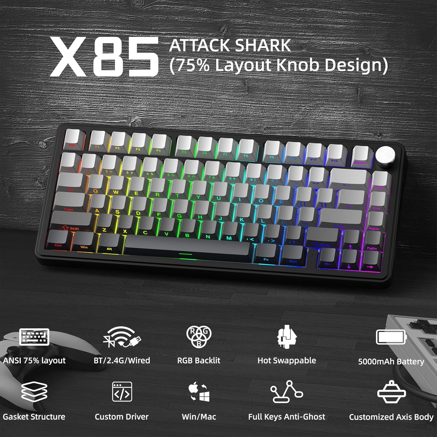 Thumbnail 1 de ATTACK SHARK X85 Gasket Mechanical Keyboard with Knob (75% Tri-Mode) - Black Gradient PBT Keycaps