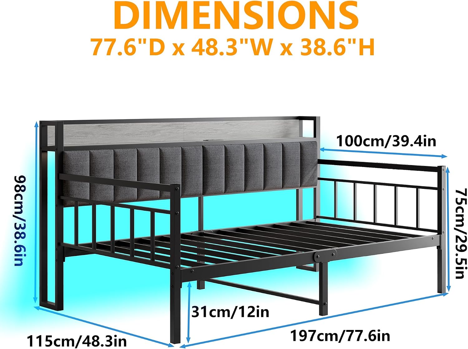 Detalle 2 de BOFENG Twin Daybed Frame with LED Lighting, Charging Station and Storage Headboard