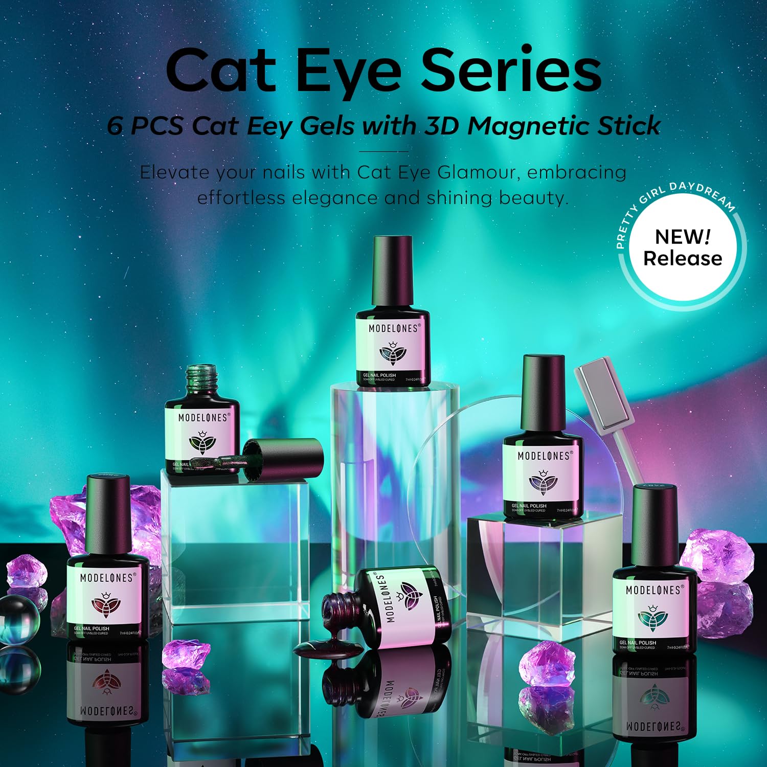 Detalle de Modelones Cat Eye Gel Nail Polish: 6-Color Glitter Set with Magnet – Galaxy Series