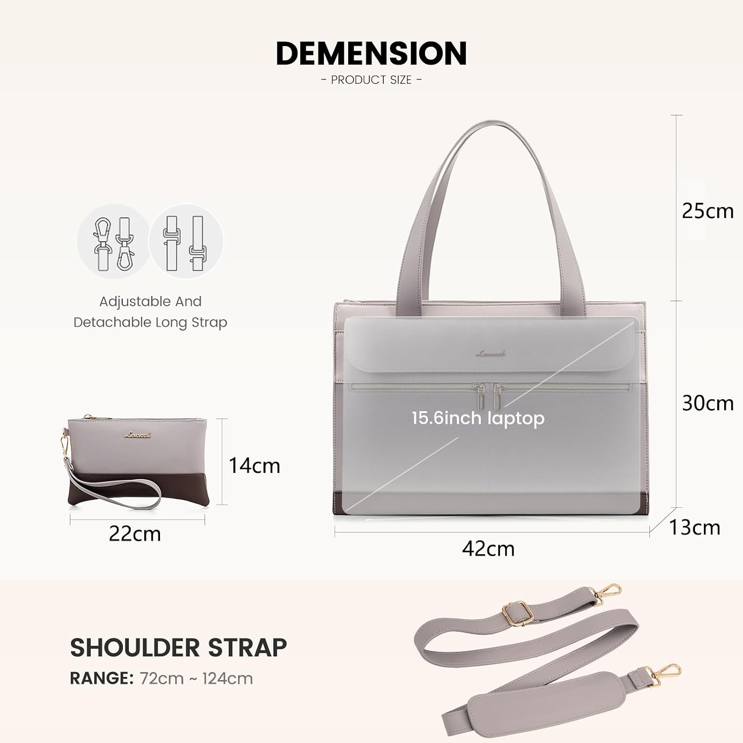 Detalle de LOVEVOOK 15.6 Inch Women's Laptop Bag with Clutch: PU Leather, Water‑Resistant Work Tote