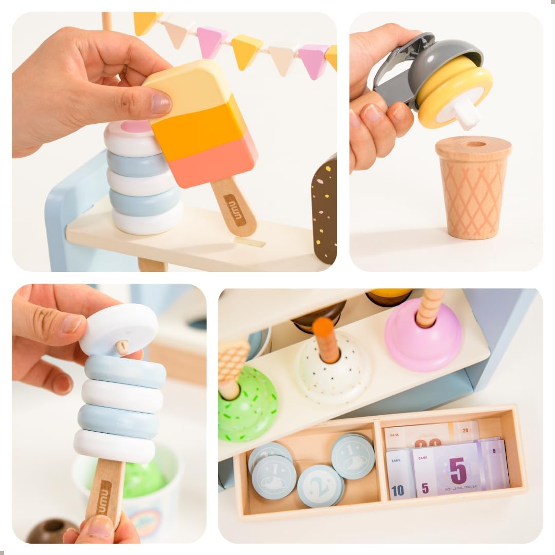 Thumbnail 3 de UMU® Kinder Eisdiele aus Holz – Rollenspiel-Set mit Eisladen, Küchenzubehör, Spielgeld und Menükarte (37-tlg.)