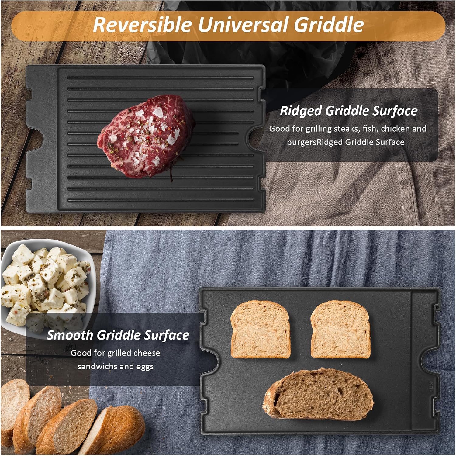Detalle 2 de SafBbcue Smooth +Ridged Surface Reversible Cast-Iron Griddle, 11239 Replacement