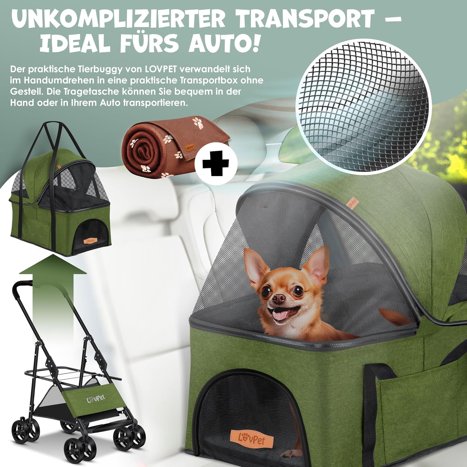 Detalle de LOVPET 2in1 Hundebuggy: faltbar, transportabel und robust für Hunde bis 20 kg