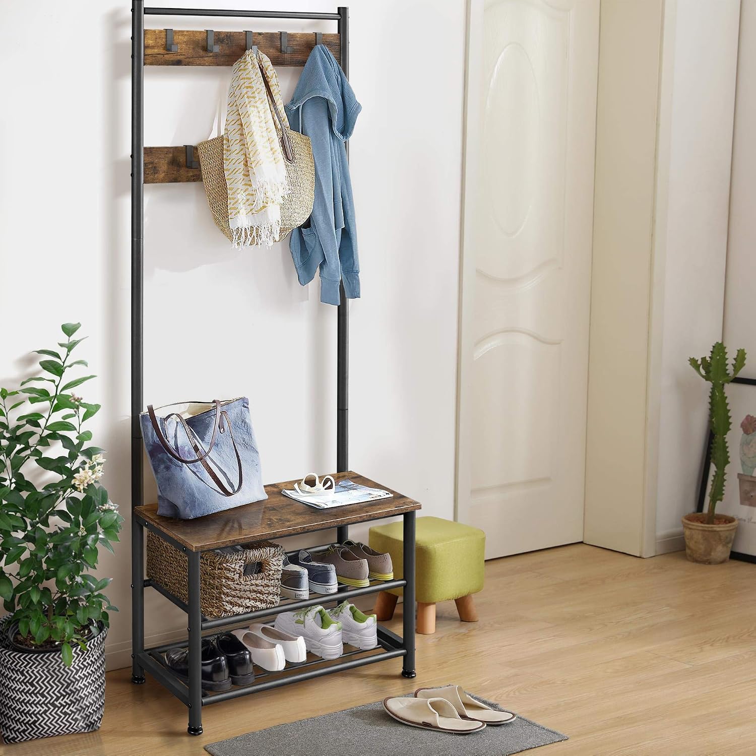 Detalle de Yaheetech Appendiabiti 3 Ripiani con Scarpiera Vintage, 185 cm – Porta Cappotti e Scarpe in Legno MDF E1