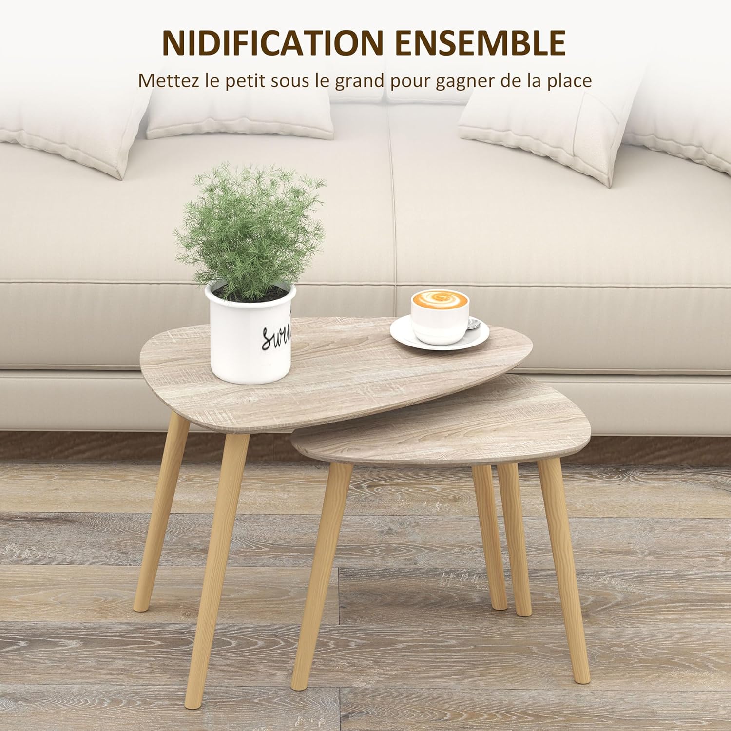 Detalle de HOMCOM lot de 2 tables basses gigognes design scandinave pieds en bois et plateaux en bois