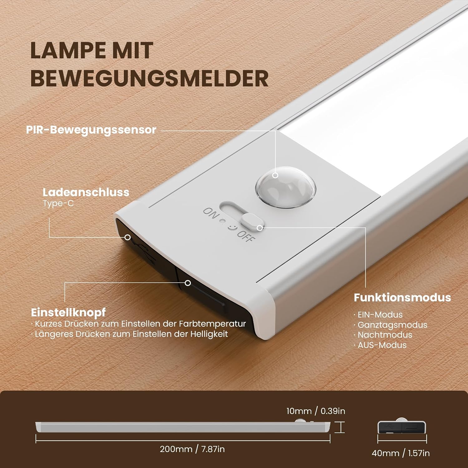 Detalle 2 de TANSOOL+ Schrankbeleuchtung LED mit Bewegungsmelder, 2er-Set, 20 cm, USB‑C aufladbar, dimmbar mit 3 Farbmodi
