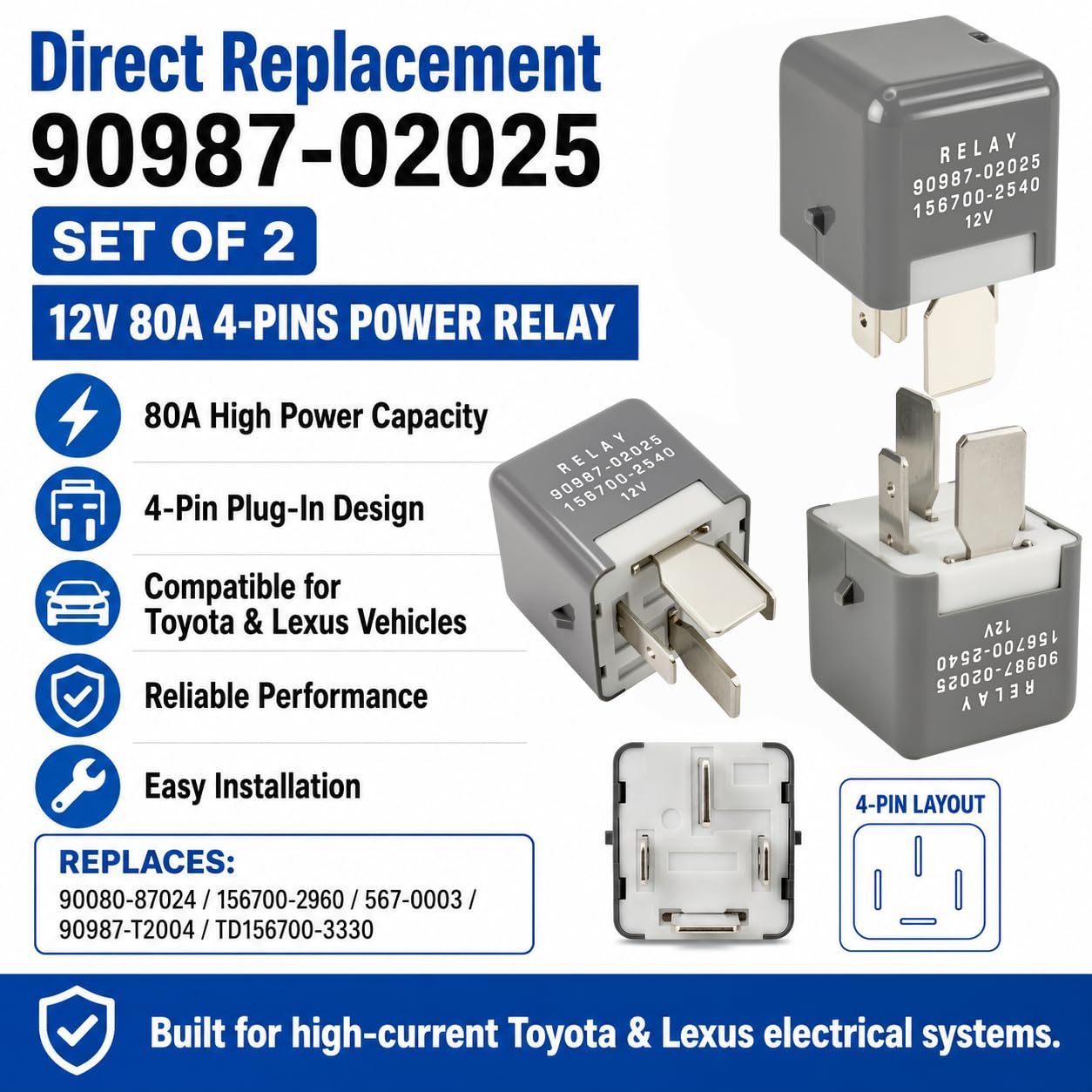 Detalle 2 de 90987-02025 自動車用パワーリレー 12V・80A・4ピン、2個セット