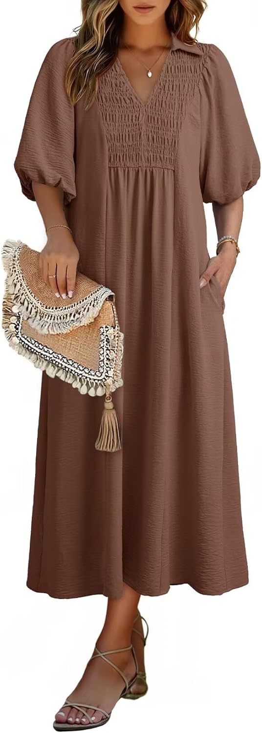 Detalle de Dokotoo 2026 Summer Dress: V-Neck, Puff Sleeve Maxi with Pockets