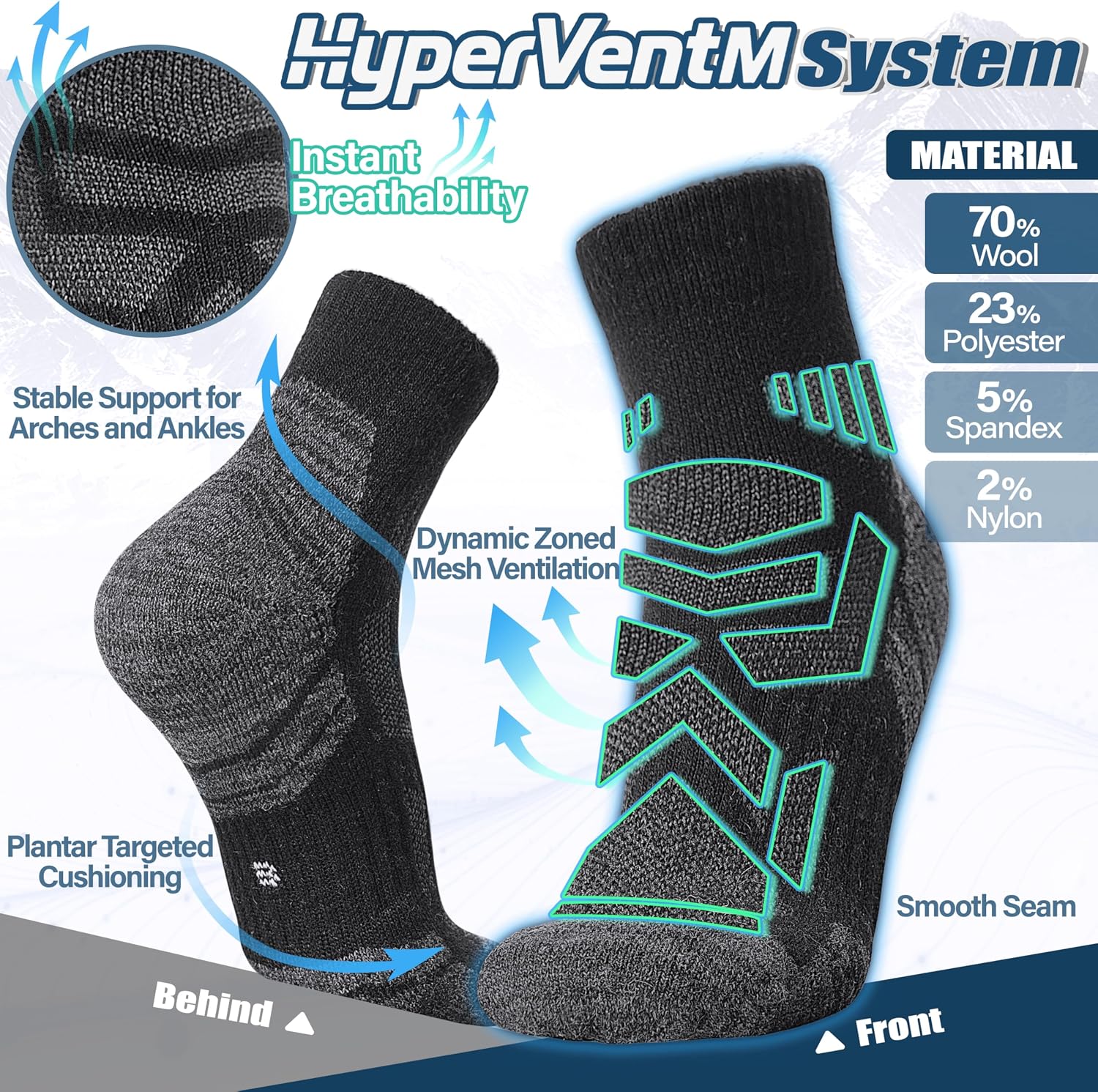 Detalle 1 de ANTSANG Merino Wool Hiking Socks, 6 Pairs