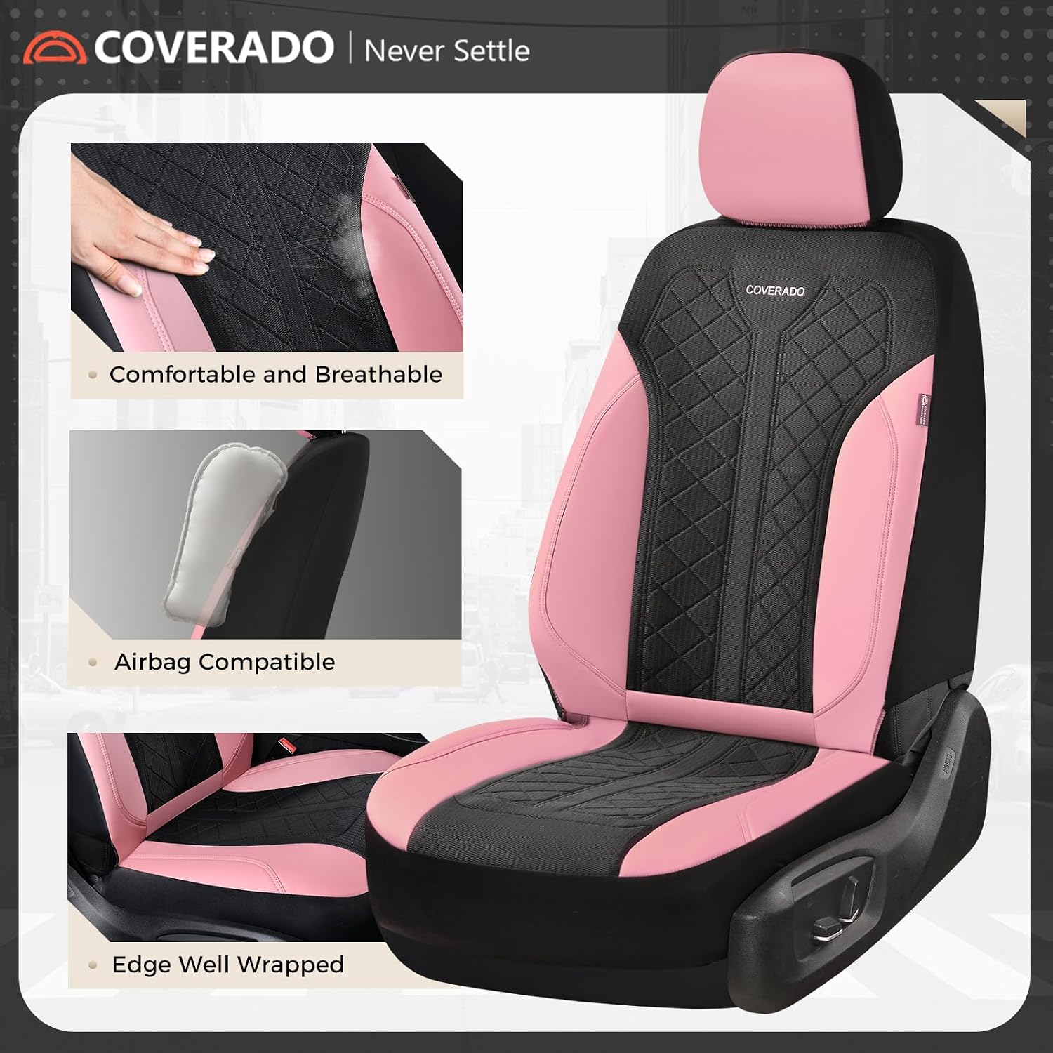 Detalle de Coverado Automotive Seat Covers Full Set with Leather-Style PU & Mesh Panels (Pink Driver Seat Protectors) — Universal Fit