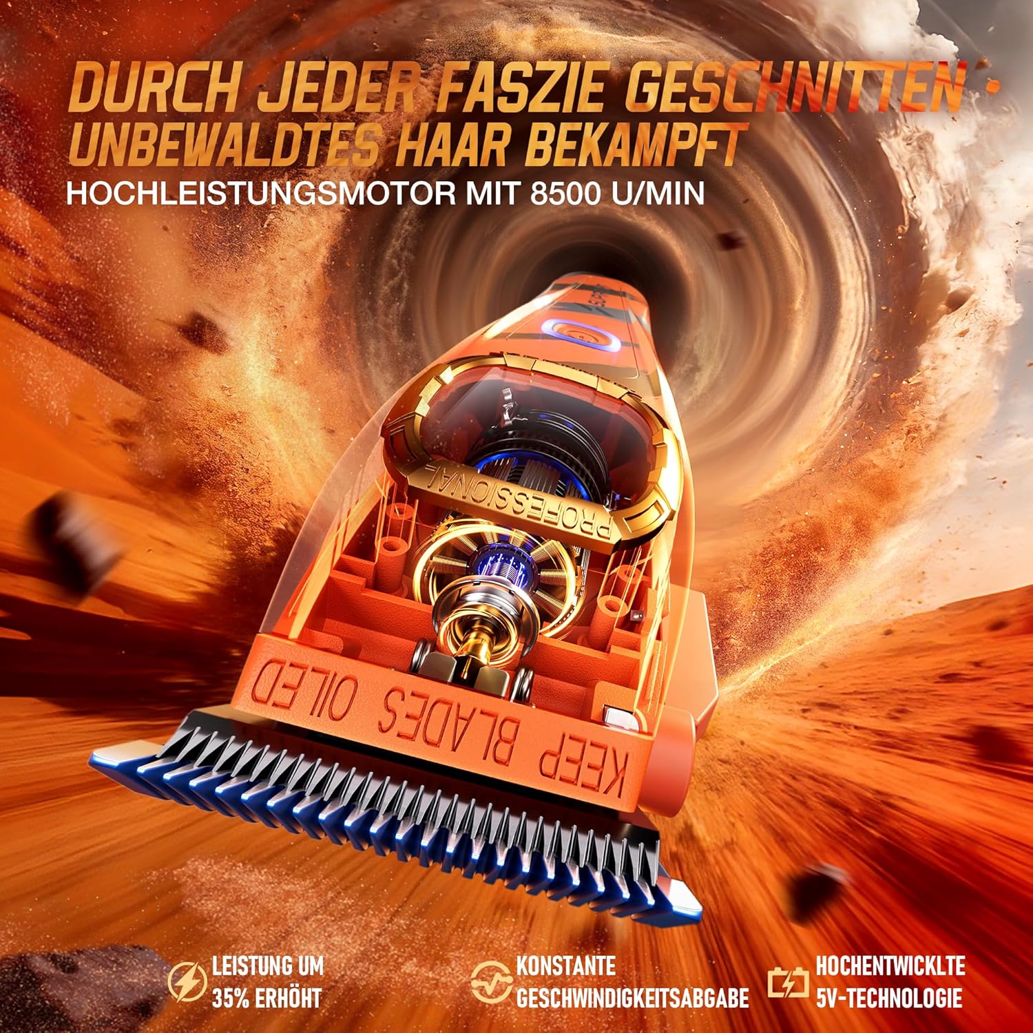 Thumbnail 1 de SUPRENT Sandstorm professioneller Herren-Haarschneider mit 8.500 U/min, Zero-Gap T-Blade & Titan-Klingen (blau/Orange)