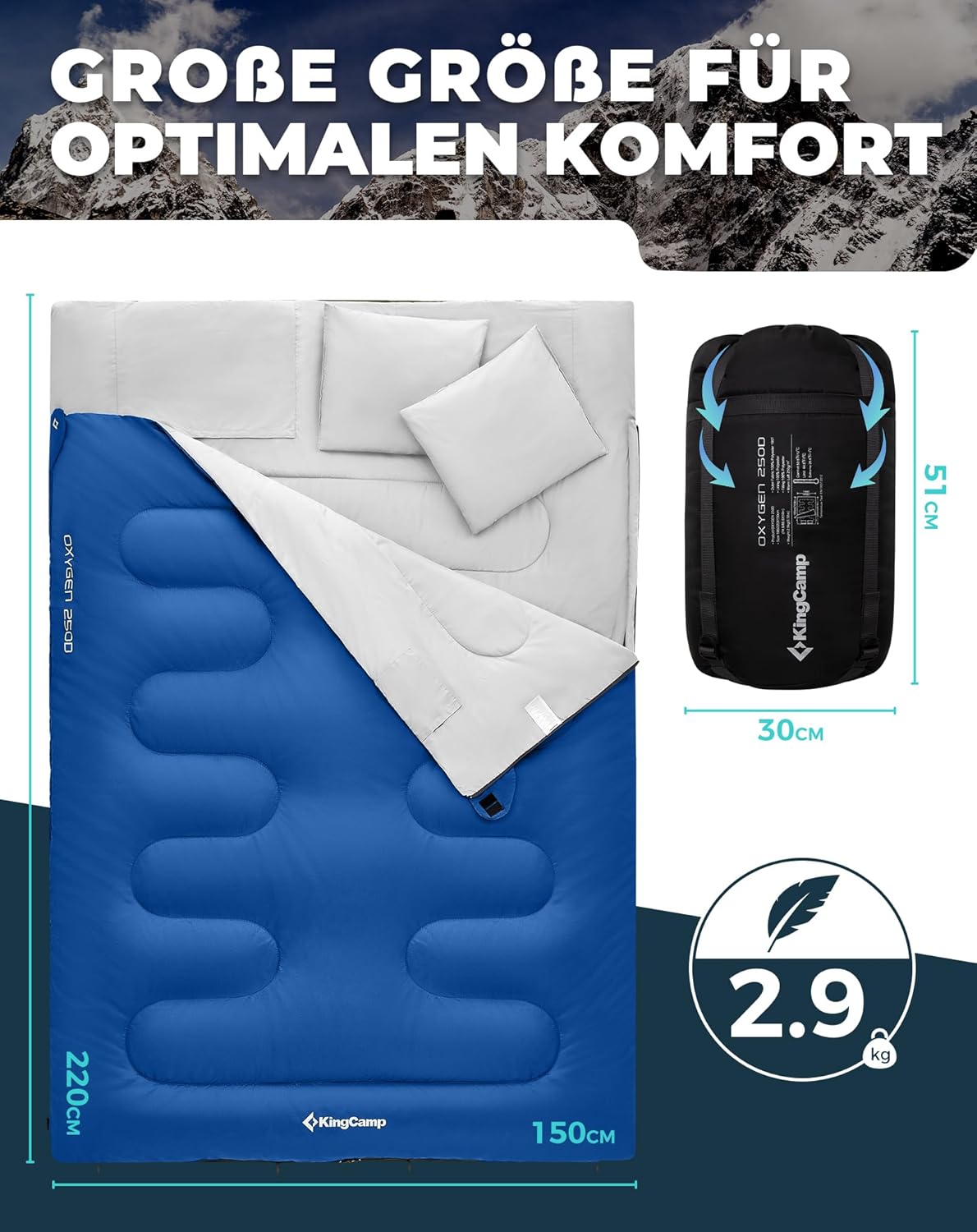 Thumbnail 1 de KingCamp Deckenschlafsack Doppelschlafsack (220x150 cm) mit 2 Kissen – ideal für Familien & Camping