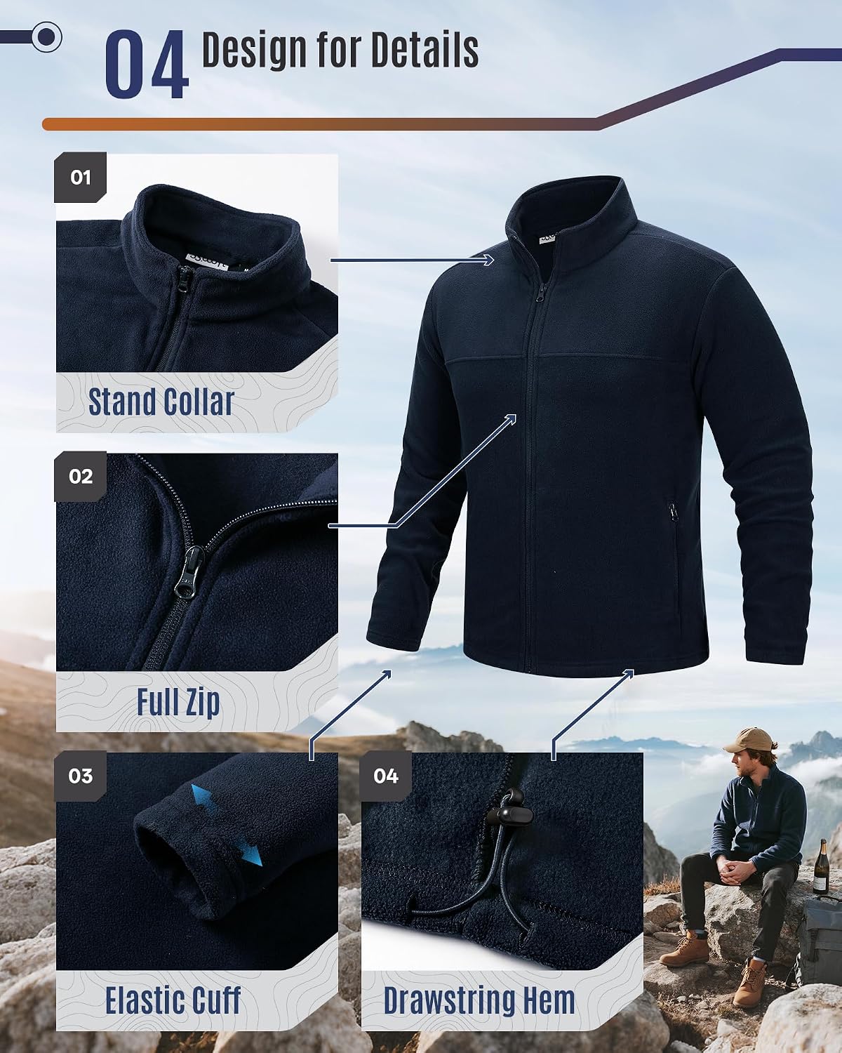 Thumbnail 5 de 33,000ft Herren Fleecejacke leicht – Übergangsjacke Outdoor mit windschützenden Details
