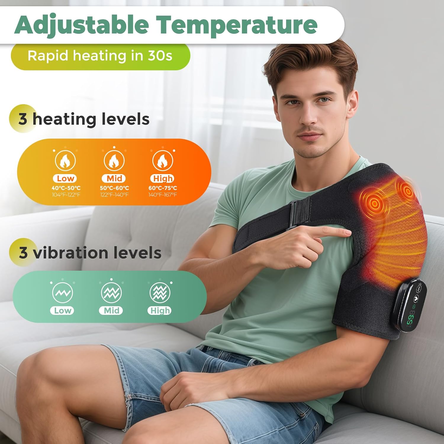 Detalle de DREAMSOME Cordless Shoulder Heating Pad with Vibration, 3 Heat Levels
